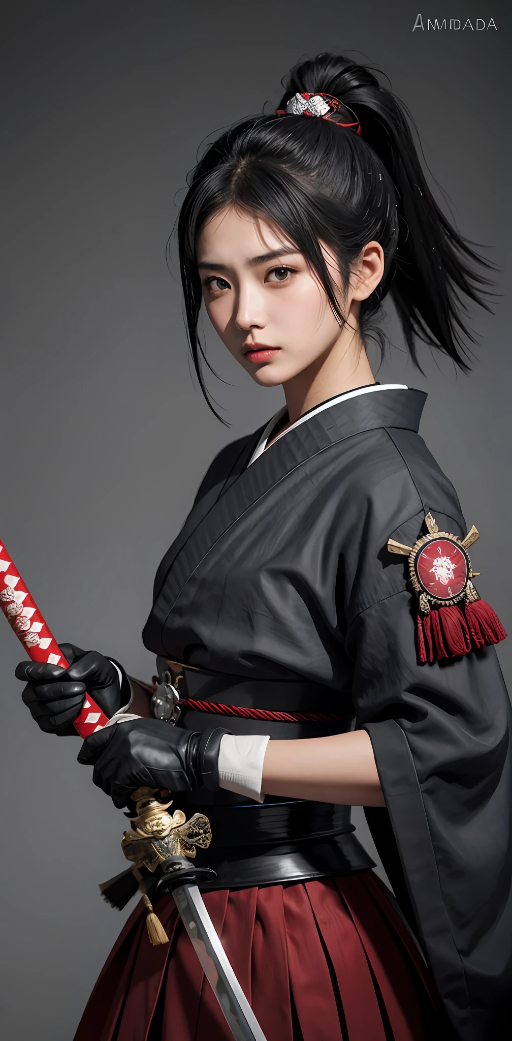 Cabelo carmesim, mulher samurai japonesa, segurando uma katana, armadura samurai preto e vermelho