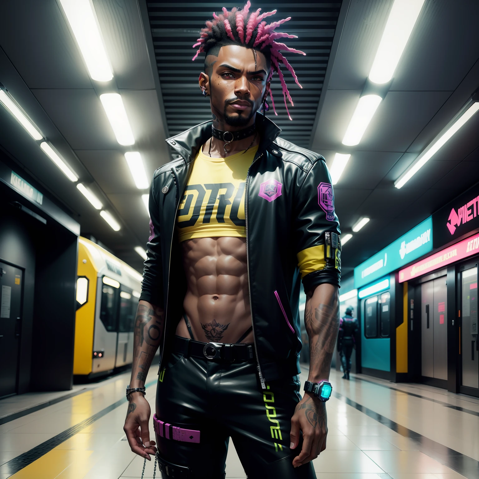 Eu gostaria de uma imagem estilo cyberpunk em 4k , homens com camisa cyberpunk futuristica, africana, 45anos, pele negra ,barba grande,com cabelo punk estilo anos 80 na cor amarelo ,muito eLegante,, futurista e estiloso neon , com uma tatuagem super colorida e com neon ,Toattoo, facing a metro station on the platform , with station lights failing in a dimly lit environment, standing dressed in a dark yellow suit ,estilo cyberpunk 2077 com uma gravata borboleta rosa, com camisa larga, Camisa Masculina.