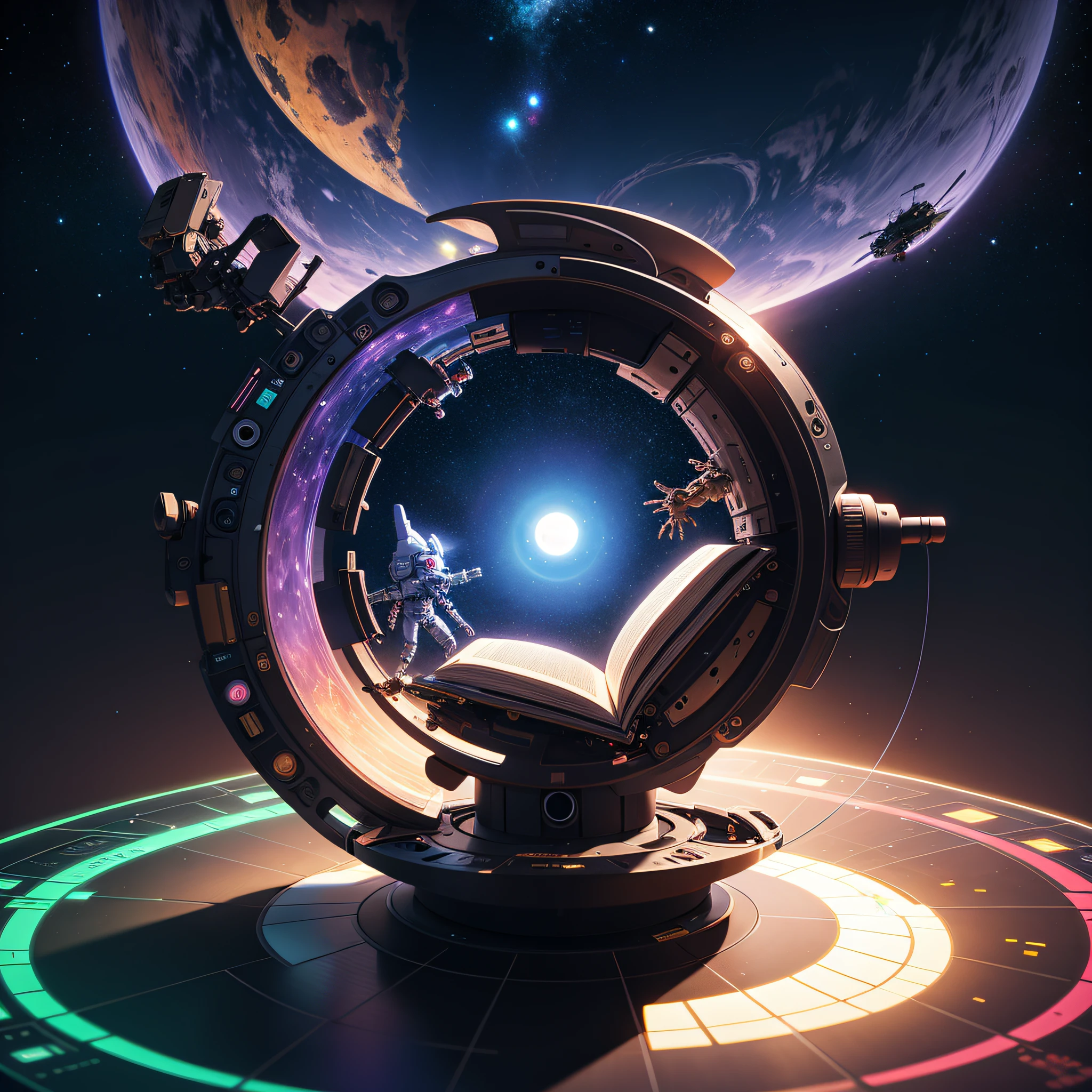Spaceship with a book in the middle open and a planet in the background with humanoid robots, Portal to outer space, 3 d render bipe, portal in space, dyson sphere in space, Uma obra-prima de Beeple, em estilo de bipe, portal para outro universo, style hybrid mix of beeple, arstation e bipe altamente, beeple rendering,