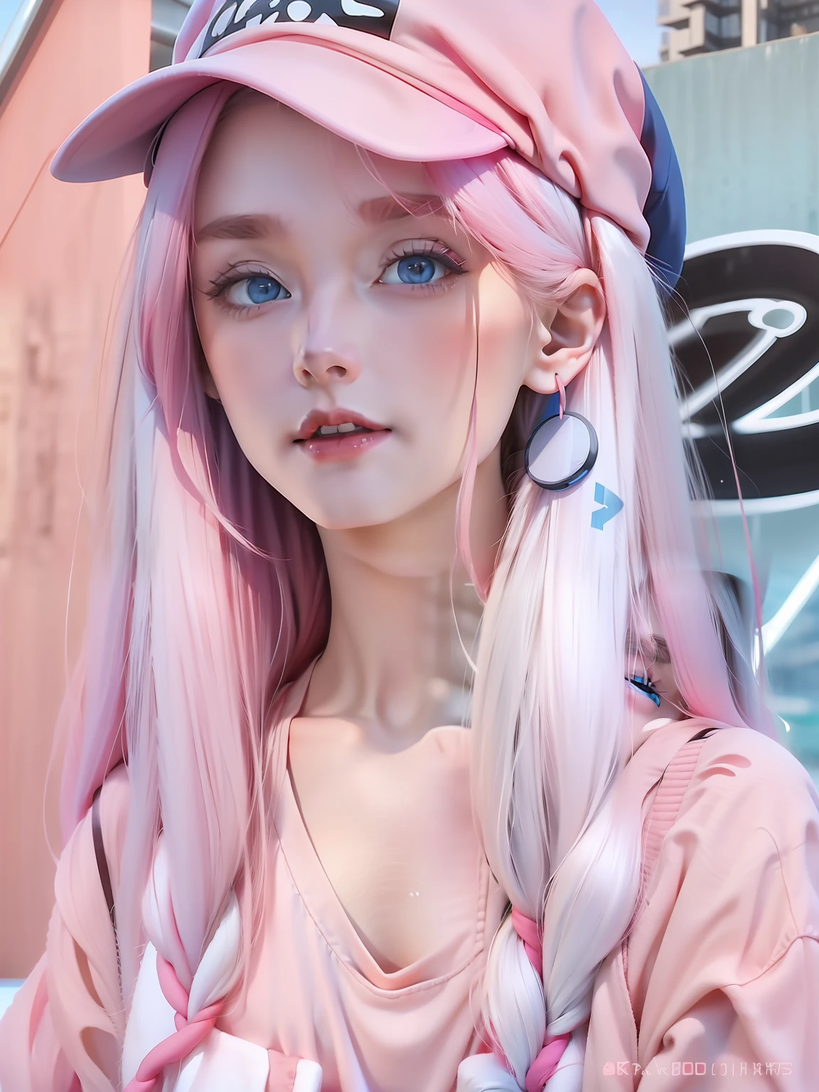 A beautiful girl with white long hair, blue eyes, red lips, pink hat, pink shirt, glowing face, cute, realistic, hair detail, bright eyes, best quality, 8k, ultra detail,