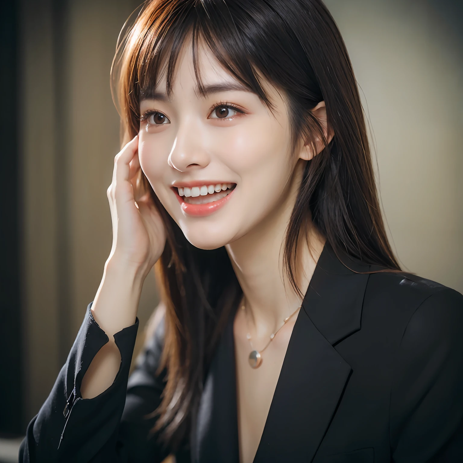 Dressed, (photographrealistic:1.4), (Hyper realistic:1.4), (Realistic:1.3), (Smoother lighting:1.05), (increase cinematic lighting quality:0.9), 32K, 1girl in,25-years old, Realistic lighting, Backlighting, Light on Face, raytrace, (Brightening light:1.2), (Increase quality:1.4), (Top quality real texture skins:1.4), finely detailed eyes, finerly detailed face, (tired and sleepy and joy:0), (Laugh:1.4), Black Suit,a necklace, (Increase body line mood:1.1), (Increase the beauty of skin texture:1.1)