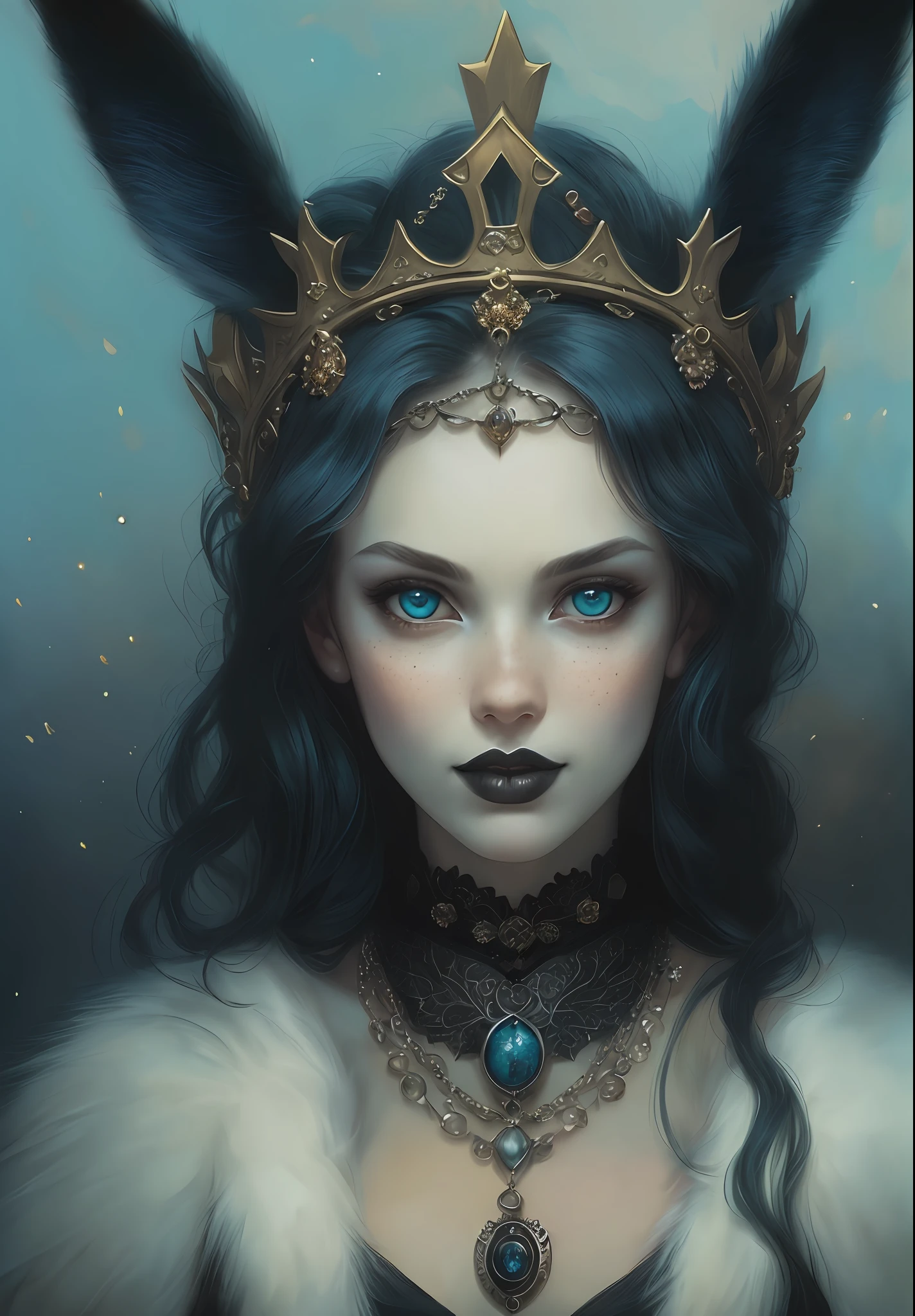 (gothic princess portrait, crown on the head and necklace on the neck, dark fantasy style art, Tom Bagshaw style, woman in a close-up), intense look, pale face, bright eyes, mouth in a seductive smile, dark background with touches of strong colors, blue eyes, ((furry bunny ears)), freckles, black hair,