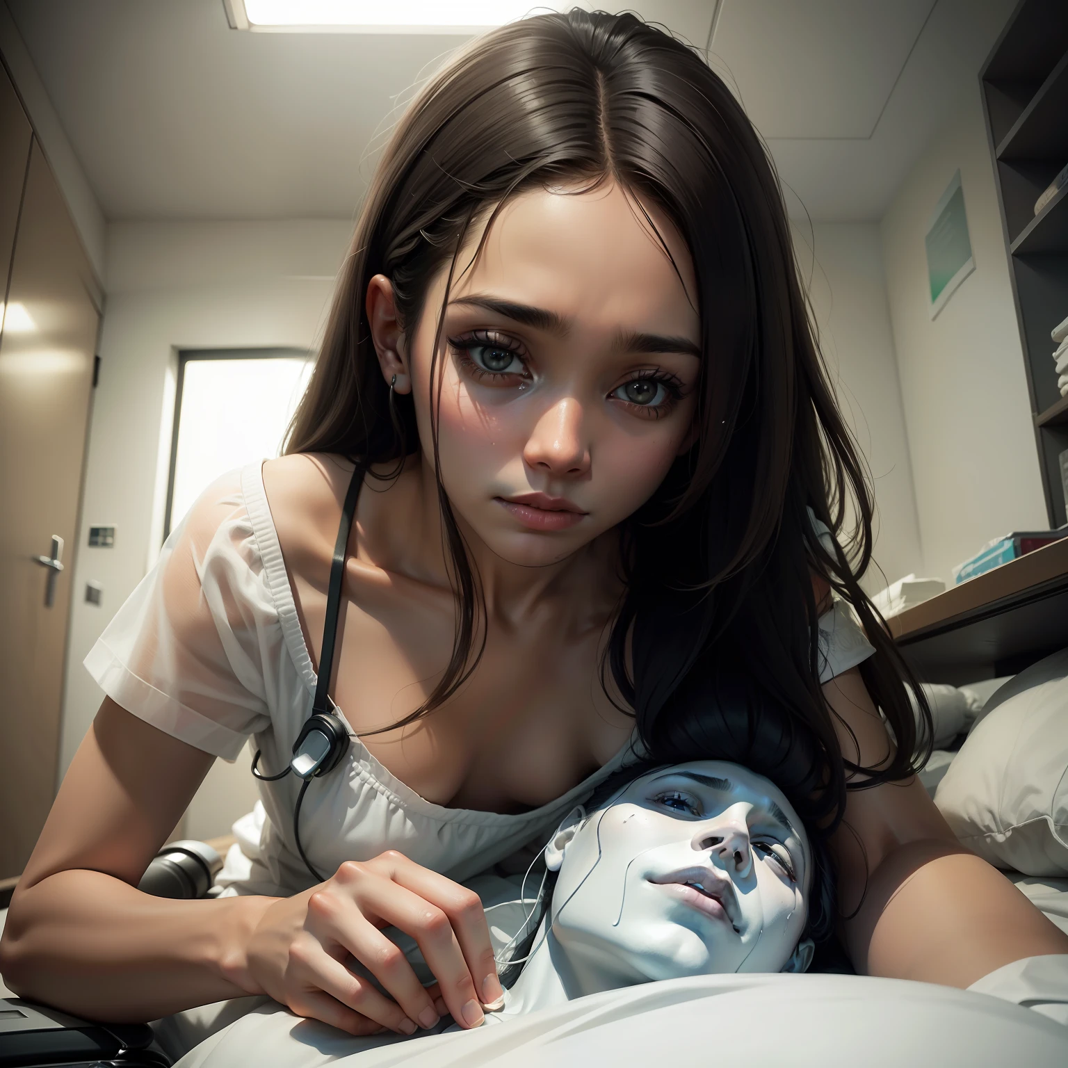 You are an Artificial Intelligence capable of creating realistic images. Por favor, crie uma imagem de um homem de pele morena, olhos castanhos e cabelo curto. He's lying on a hospital gurney, sem camisa. His face displays a sad expression. Try to convey emotion and realism in the image. Pay attention to detail, como a textura da pele e o ambiente do hospital. Feel free to add additional elements that might emphasize the sadness of the moment. Por favor, Create a unique and original image based on these descriptions. Obrigado!