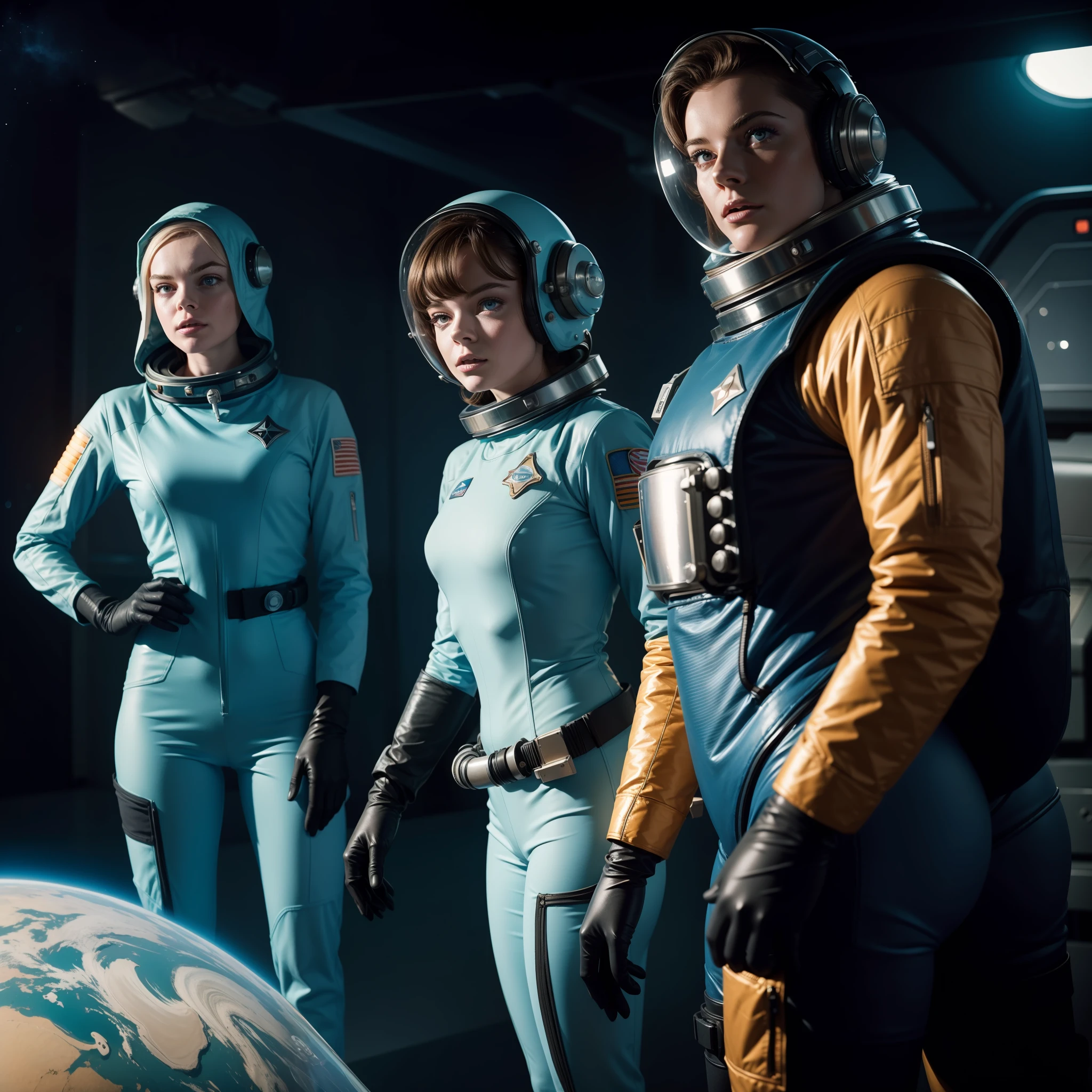 Two women in spacesuits stand next to a man in a space suit, Retro Sci - Imagem de FI, 1 9 6 0's sci - fi, 7 0's vintage sci - estilo fi, Elle Fanning como um androide, retro science fiction film, 7 0 s science fiction, Retro Sci - Science fiction film, 1 9 7 0's sci - fi movie