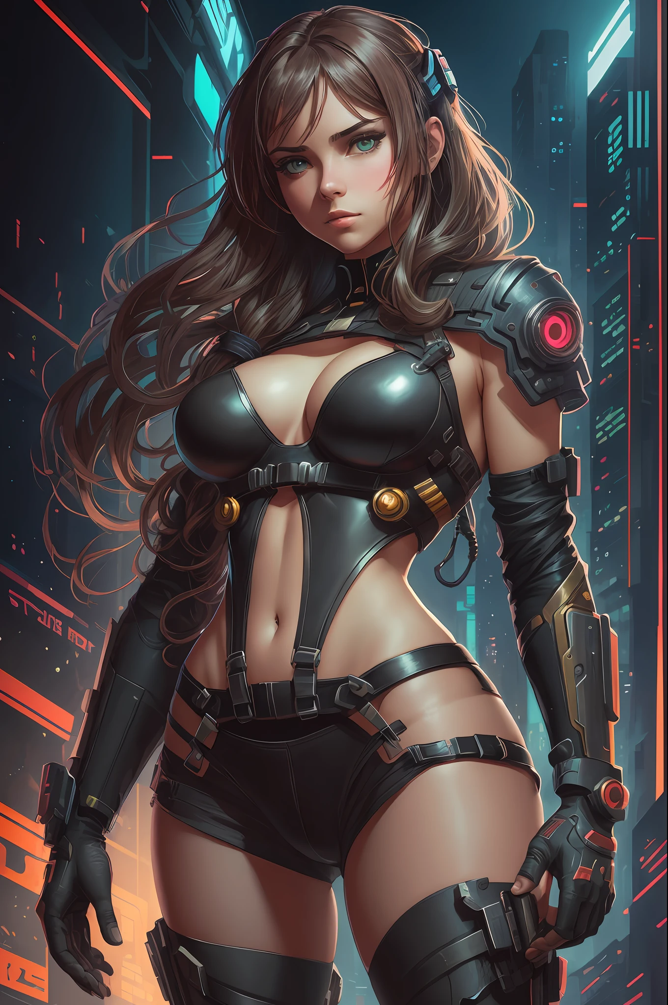 beautiful illustration of a perfect hot teenage cyberpunk girl, big breasts, body harness, set against a dark and moody cyberpunk background, the scene is intricately detailed, with smooth brushstrokes creating a highly realistic digital painting, spot lighting, cinematic lighting, casting sharp shadows and enhancing the sparkling effect of her skin, this unique artwork is inspired by the styles of artgerm, Greg Rutkowski, and alphonse mucha --auto --s2