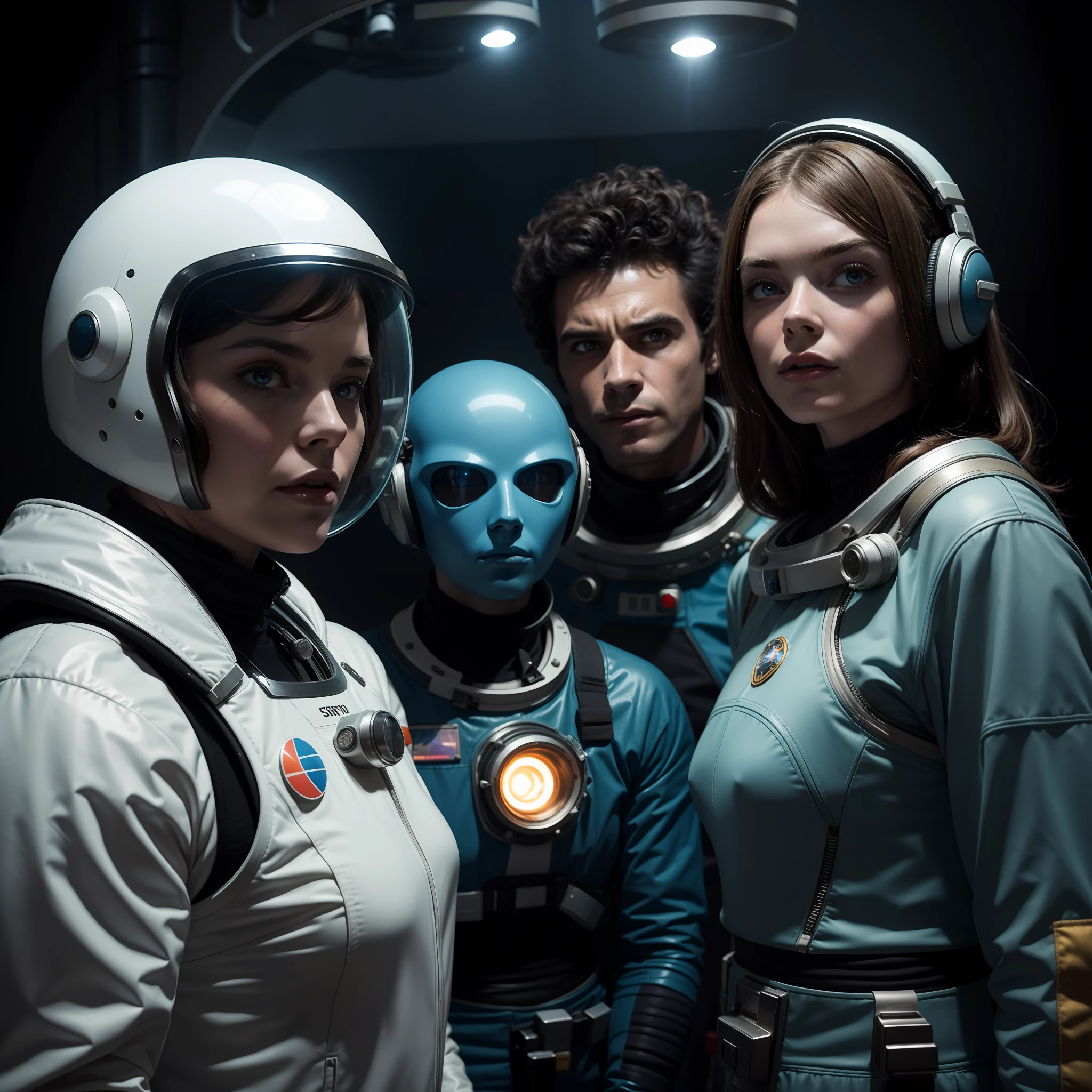 Two women in spacesuits stand next to a man in a space suit, Retro Sci - Imagem de FI, 1 9 6 0's sci - fi, 7 0's vintage sci - estilo fi, Elle Fanning como um androide, retro science fiction film, 7 0 s science fiction, Retro Sci - Science fiction film, 1 9 7 0's sci - fi movie