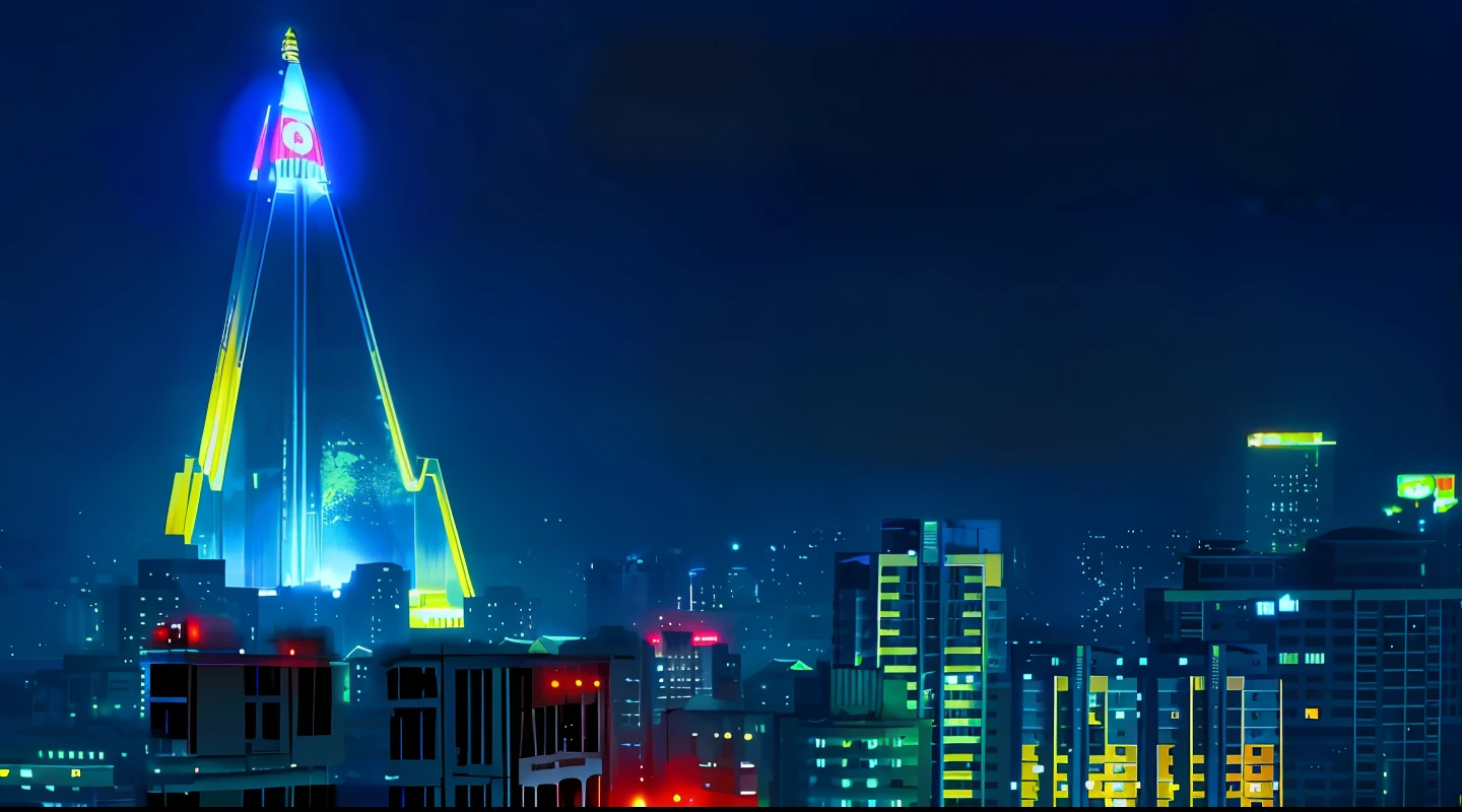 buildings with red lights, communist north korea