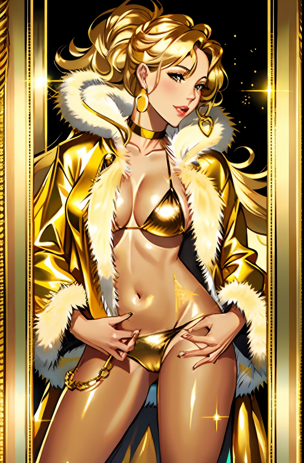 arafed woman in a gold bikini and fur coat posing for a picture, shiny golden bikini, gold bra, yellow fur, yellow fur explodes, shiny gold, band of gold round his breasts, draped in shiny golden oil, elegant gold body, fur attire, shiny golden, gold transparent bikini, blond fur, tan and brown fur, in a gold one piece swimsuit