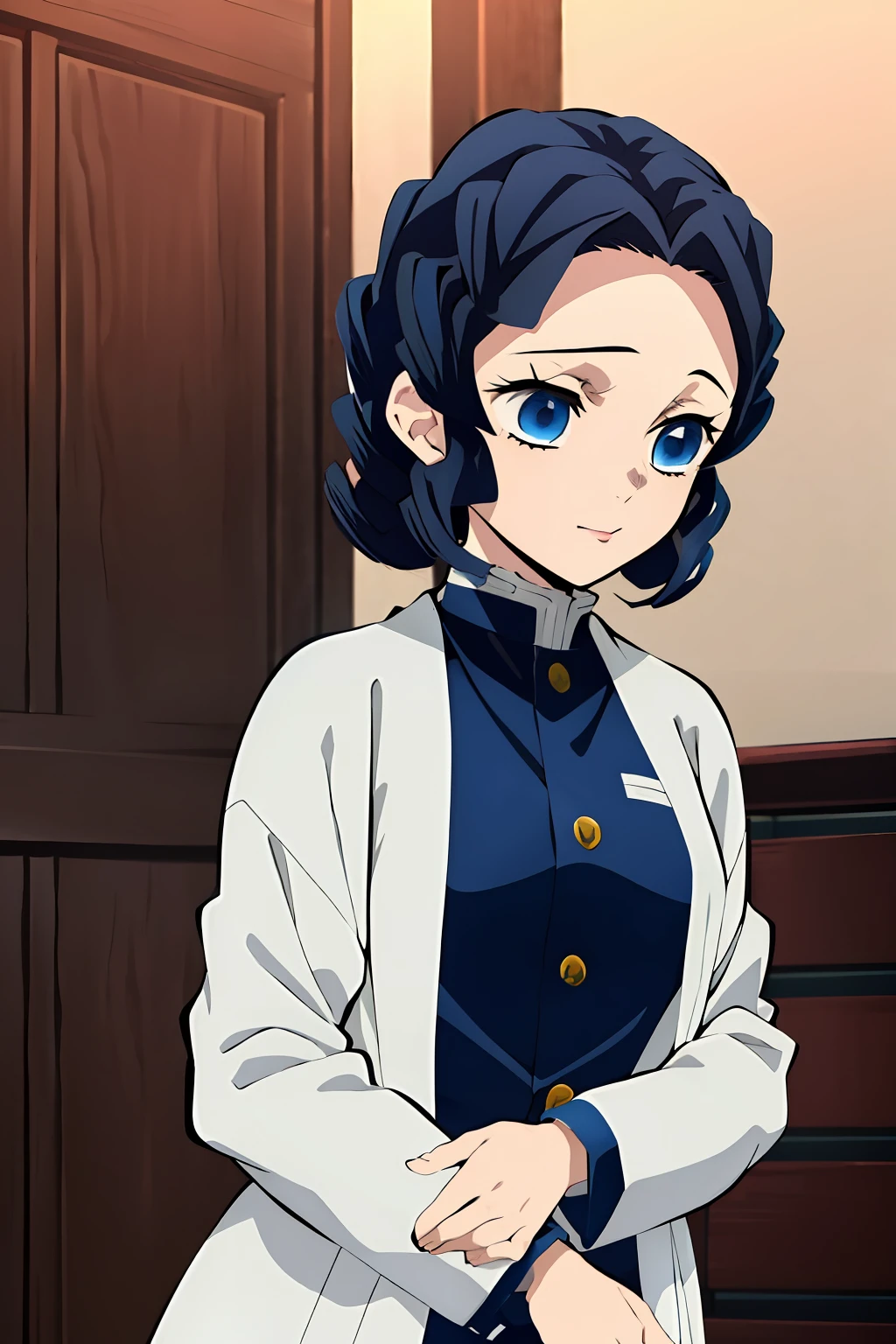 Kimetsu no Yaiba style, 1girl, Short dark blue hair, chestnut curly curls, blue eyes, Demon Slayer Uniform, little chest, 独奏, anime coloring, ((Masterpiece)), higly detailed, portraite of a