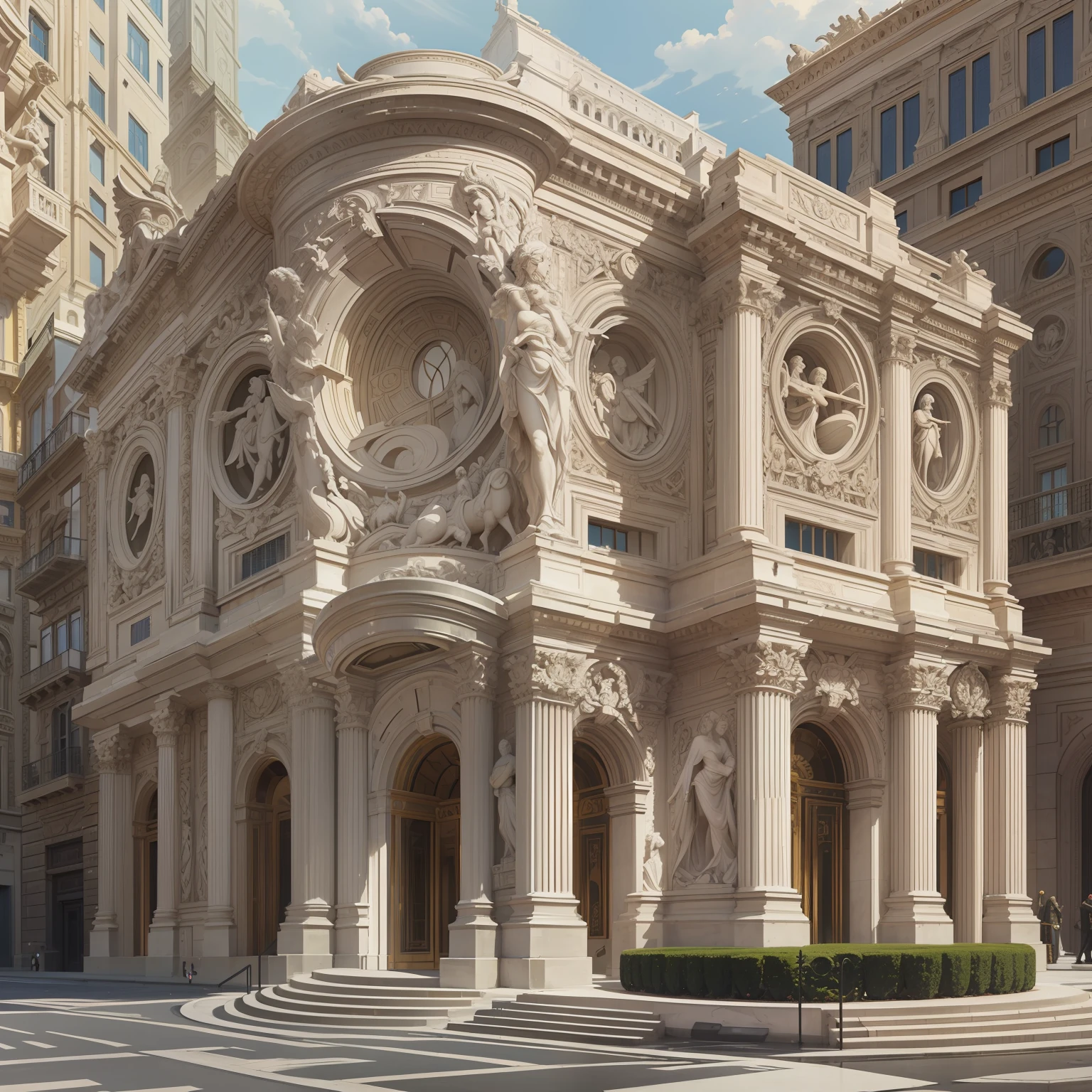 a building, surrealistic roman architecture, architecture carved for a titan, luxury architecture, surreal architecture, italian renaissance architecture, rounded architecture, neoclassicism style, art deco, that we would see in the essoldo, et in arcadia ego, bulgari style, versace, maximalist sculpted design, giant sculpture, giant crypto vault, full building perspective view