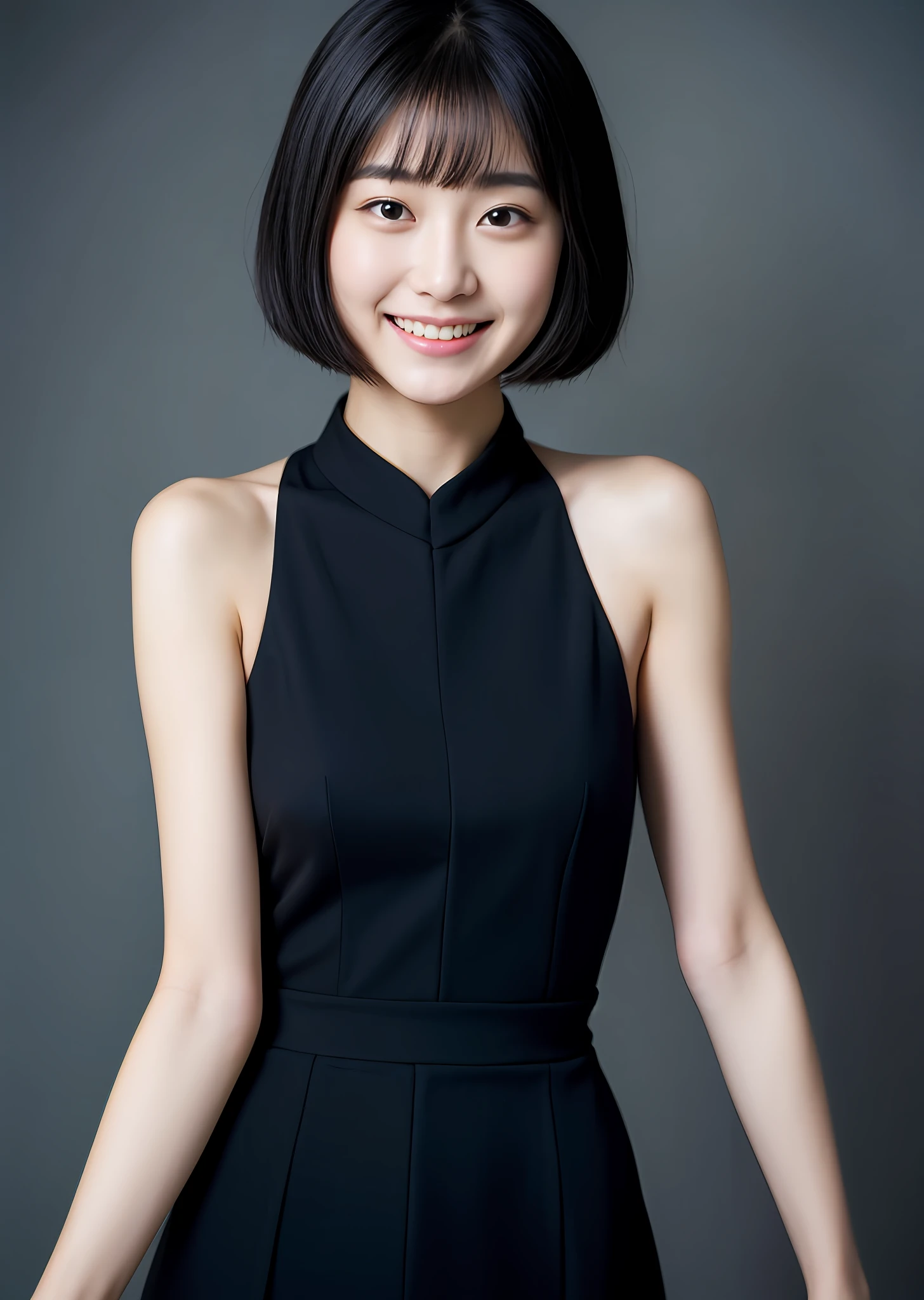 (fullnude、nudde:1.5)、top-quality、masterpiece、18year old、Japan Girl、Very short cut black hair、Lustrous hair、big eye、Double eyes、Grinning smile、Korean Beautiful Girl