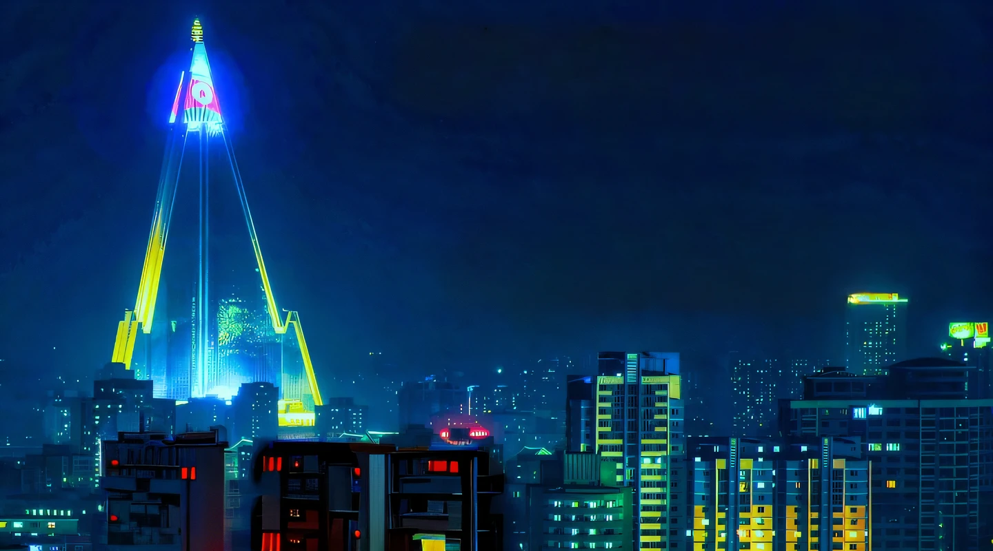 buildings with red lights, communist north korea