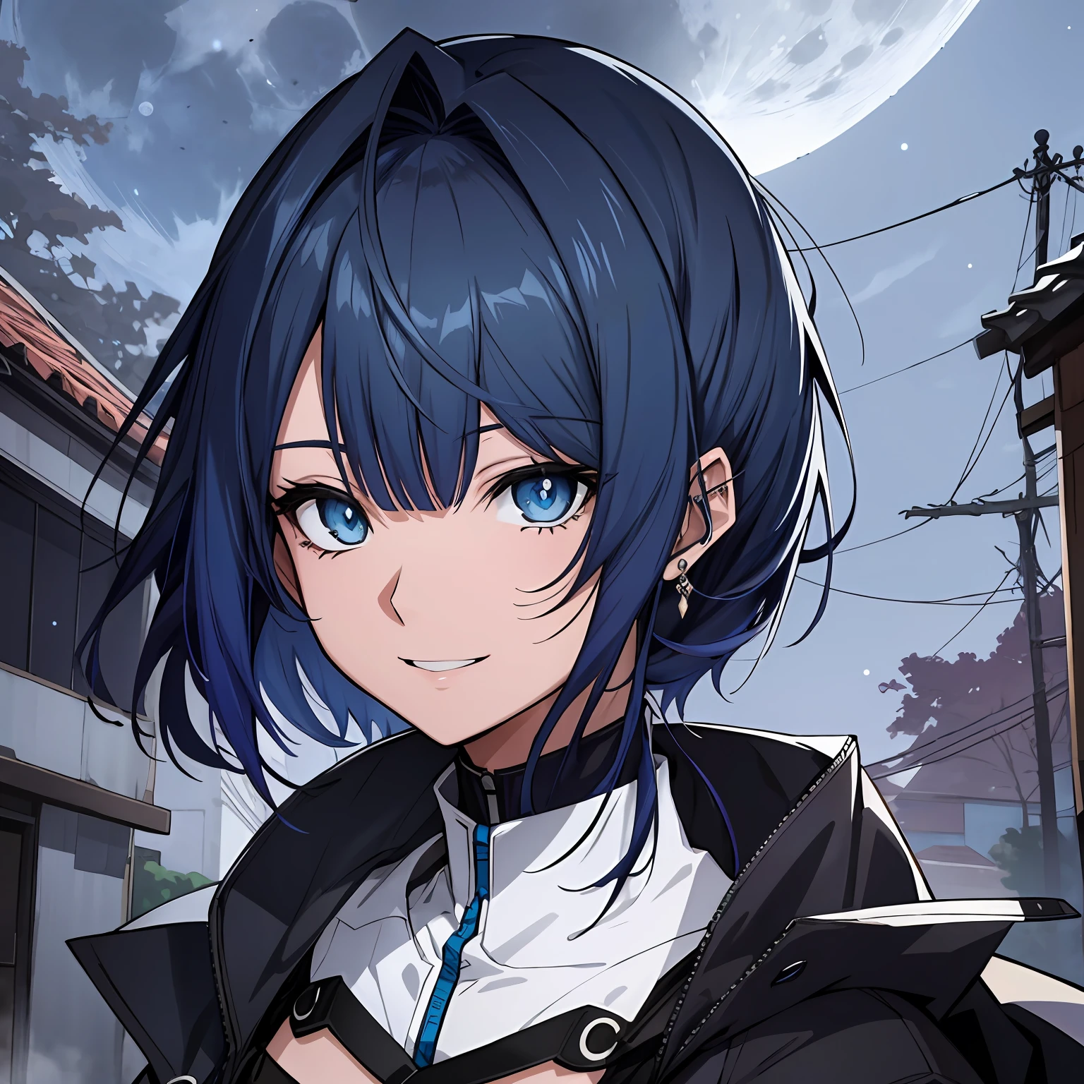 garota, anime cabelo azul, olhos azuis, sorrindo, Behind the Moon, colar de cruz, 4k, sui ishida artsyle, roupa de freira, rosto detalhado