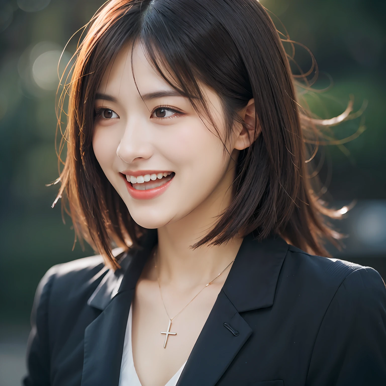Dressed, (photographrealistic:1.4), (Hyper realistic:1.4), (Realistic:1.3), (Smoother lighting:1.05), (increase cinematic lighting quality:0.9), 32K, 1girl in,25-years old, Realistic lighting, Backlighting, Light on Face, raytrace, (Brightening light:1.2), (Increase quality:1.4), (Top quality real texture skins:1.4), finely detailed eyes, finerly detailed face, (tired and sleepy and joy:0), (Laugh:1.4), Black Suit,a necklace, (Increase body line mood:1.1), (Increase the beauty of skin texture:1.1)