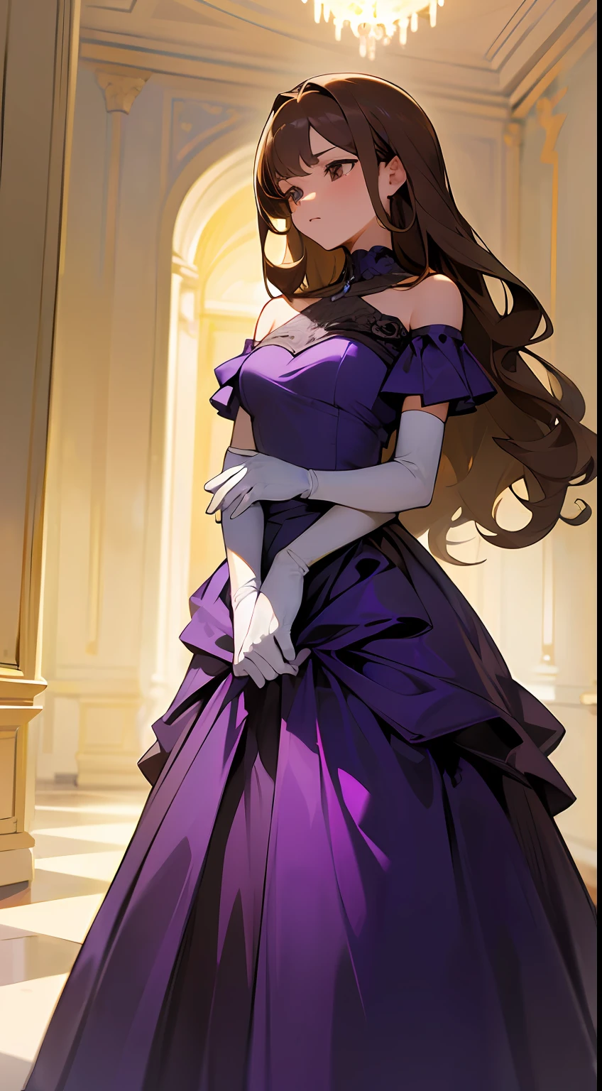 ((Masterpiece, highres)), 2girls, duo, twins, ((one brown haired girl, one blonde girl)), long hair, curly hair, matching hairstyles, different hair color, confident, elegant, rich girls, emotionless, arms at sides, straight backs, (((matching outfits, identical outfits, purple dress, elegant dress, shoulder length white gloves))), standing at attention, shoulder to shoulder, same pose, mansion --auto