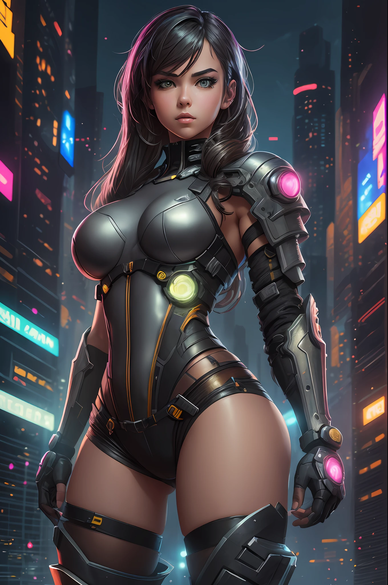 beautiful illustration of a perfect hot age cyberpunk girl, big breasts, colorful combat armor, set against a dark and moody cyberpunk background, the scene is intricately detailed, neon lights, smooth brushstrokes creating a highly realistic digital painting, spot lighting, cinematic lighting, casting sharp shadows and enhancing the sparkling effect of her skin, this unique artwork is inspired by the styles of artgerm, Greg Rutkowski --auto --s2