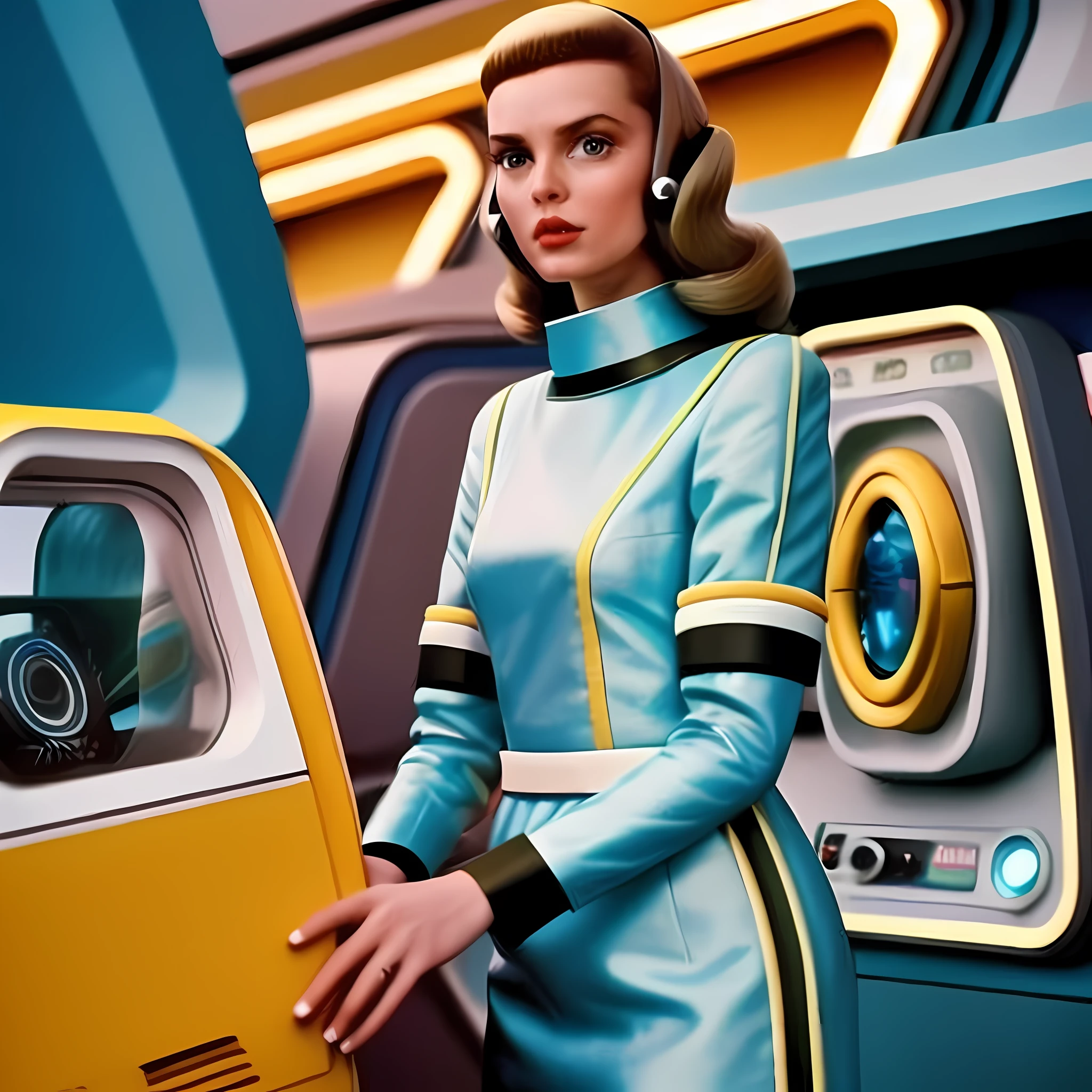 uma mulher em um vestido azul ao lado de um carro amarelo, Estilo = retrofuturismo, Retro Futuristic Fashion, as a retro futuristic heroine, retro futuristic style, retro futurism 1 9 5 0 s, 5 0's vintage sci - estilo fi, 1 9 5 0 Futuristas, 60s science fiction pinup style, retro futurism style, retro - futuristic