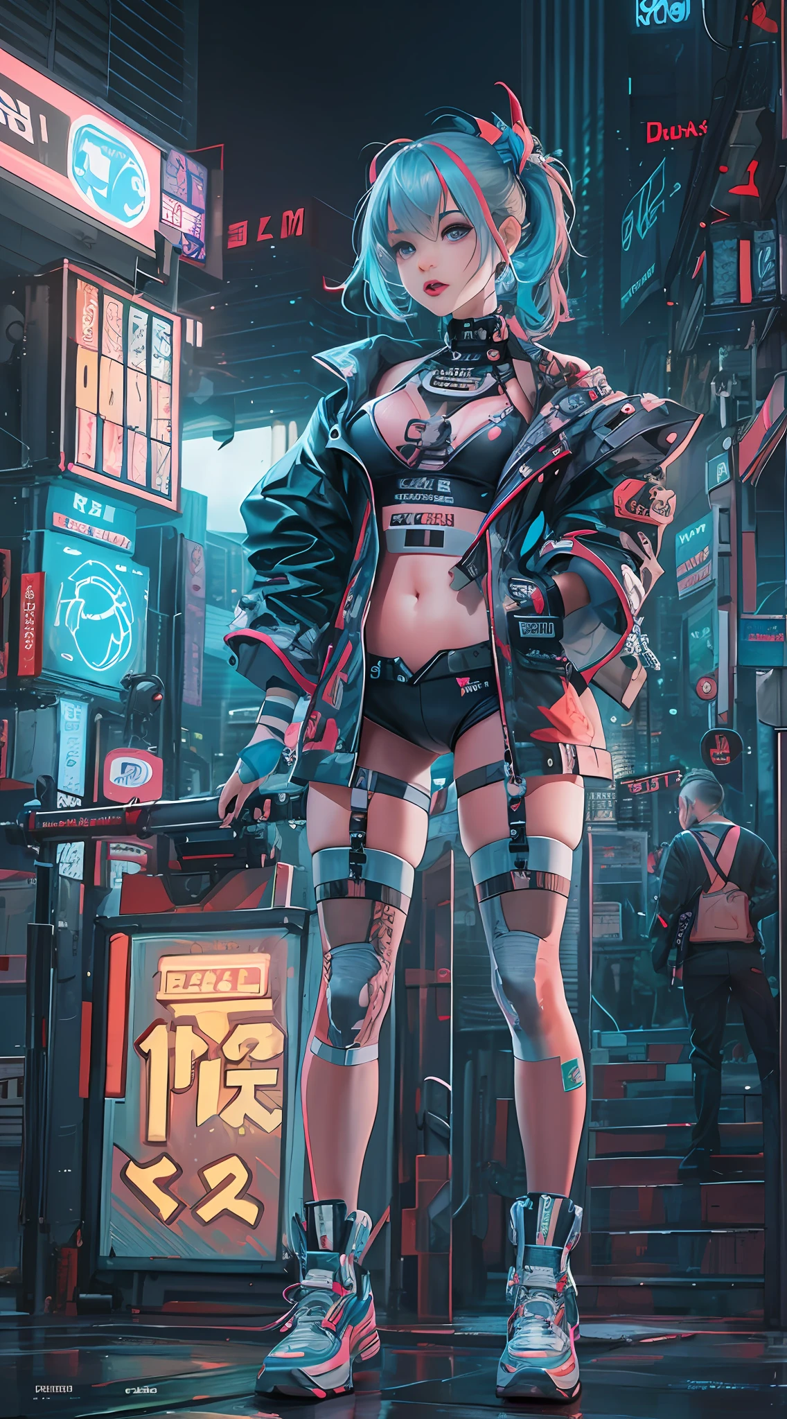 masterpiece, best quality, 1 cyberpunk girl, full body shot, standing in front of motorcycle, looking at viewer, Confident cyberpunk girl with sassy expression, Harajuku-inspired pop outfit, bold colors and patterns, eye-catching accessories, trendy and innovative hairstyle, vibrant makeup, Cyberpunk dazzling cityscape, skyscrapers, neon signs, LED lights, bright and vivid color scheme, anime, illustration, detailed skin texture, detailed cloth texture, beautiful detailed face, intricate details, ultra detailed.