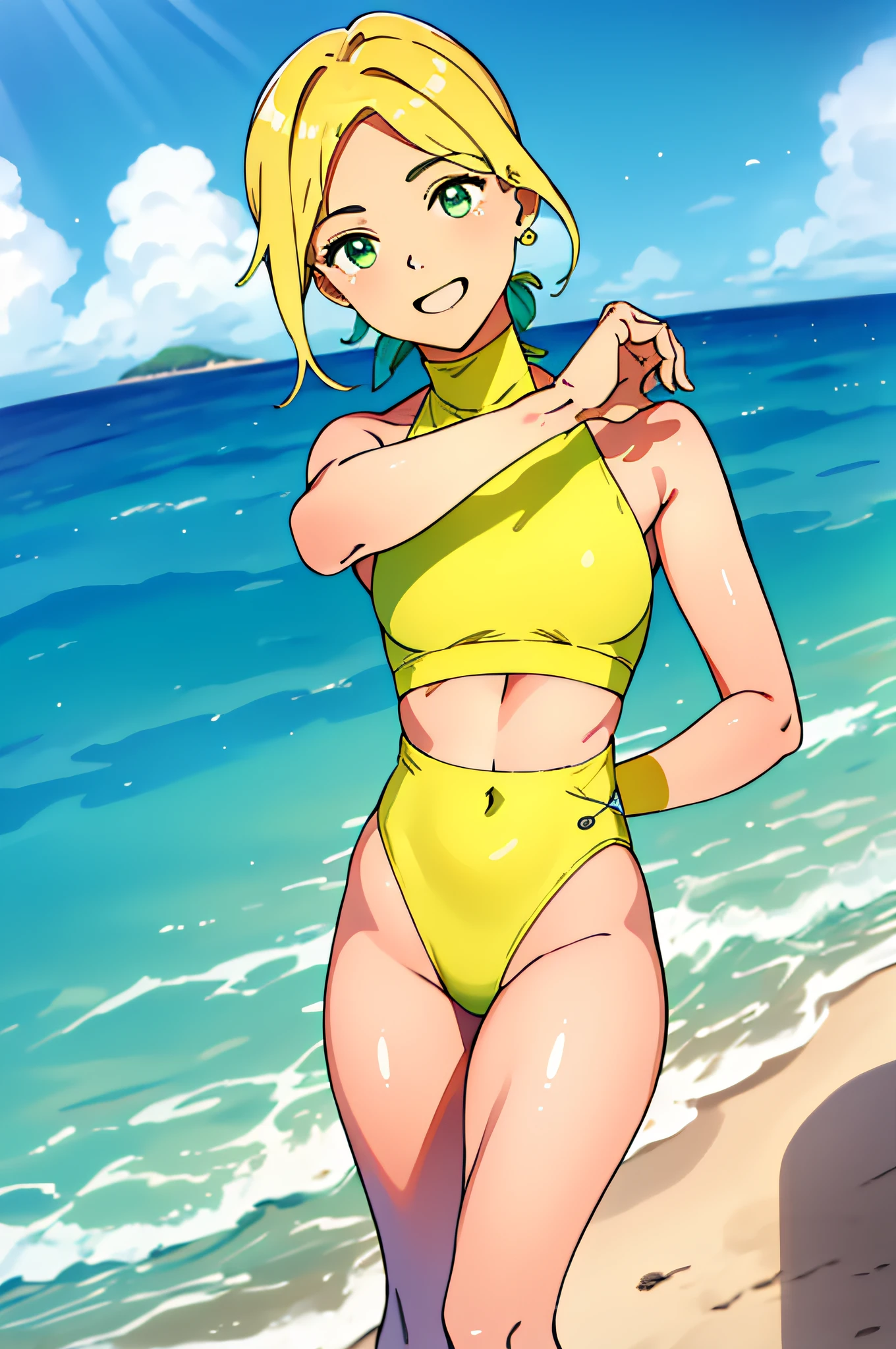 (obra maestra, mejor calidad, high resolusion: 1.4), cuerpo completo, 1girl, ojos verdes, Highneck swimsuit , Al aire libre , Playa,(sonrisa, feliz, rubor de cara completa: 1)