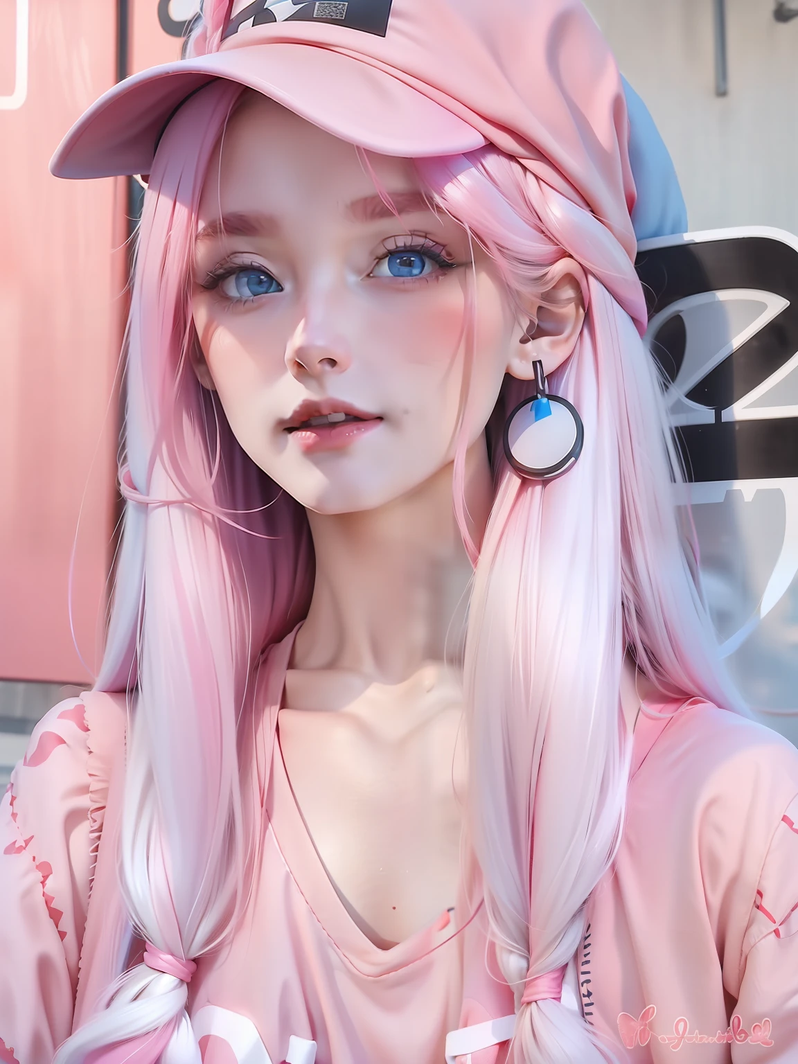 A beautiful girl with white long hair, blue eyes, red lips, pink hat, pink shirt, glowing face, cute, realistic, hair detail, bright eyes, best quality, 8k, ultra detail,