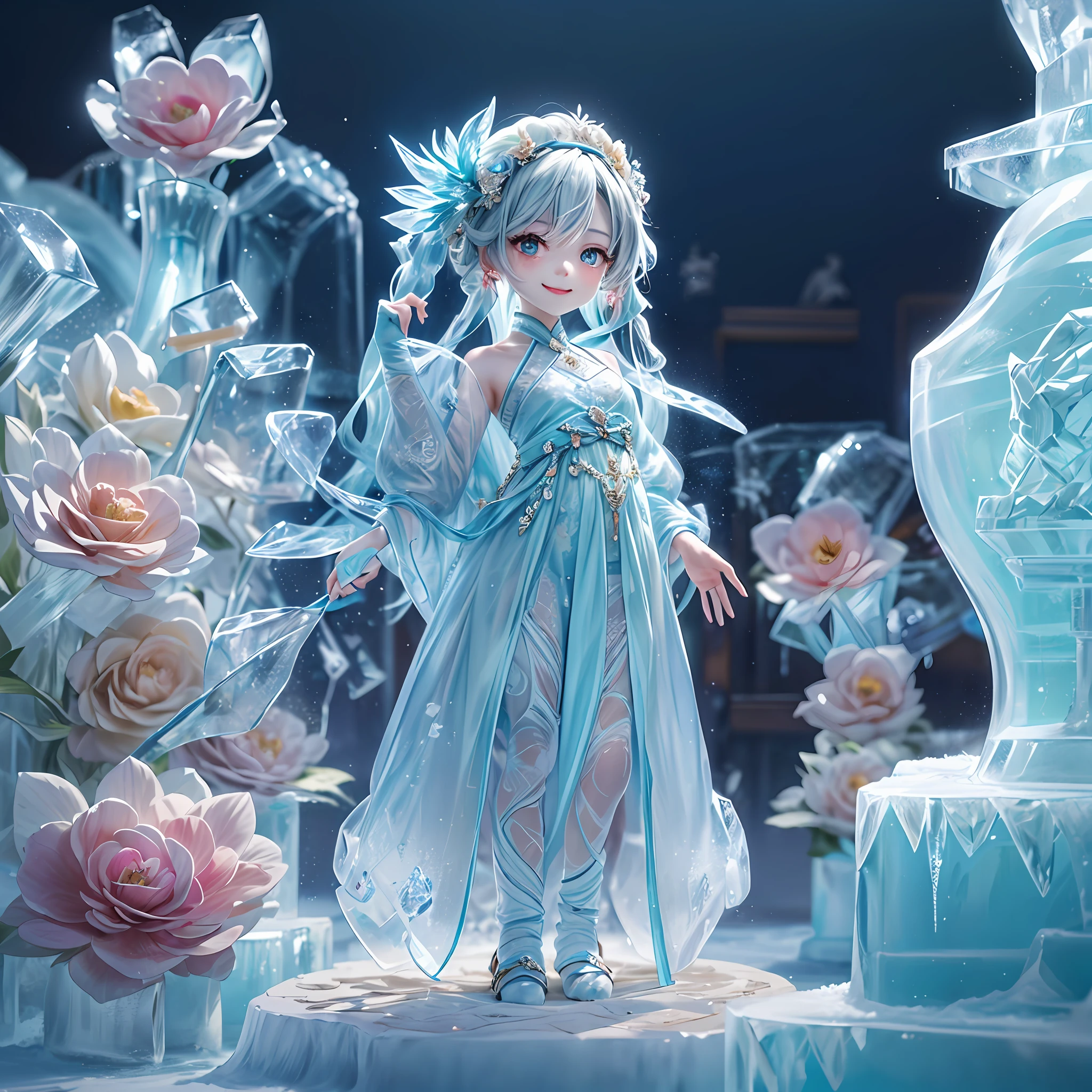 (ice sculpture:1.4),cinematic angle,(Cute Ice Girl,anatomically correct,full body, Masterpiece Ice camellia,Masterpiece Hanfu,Ice mitten,smile),(Best quality, high detailed, Masterpiece, Cinematic Lighting, 4K)