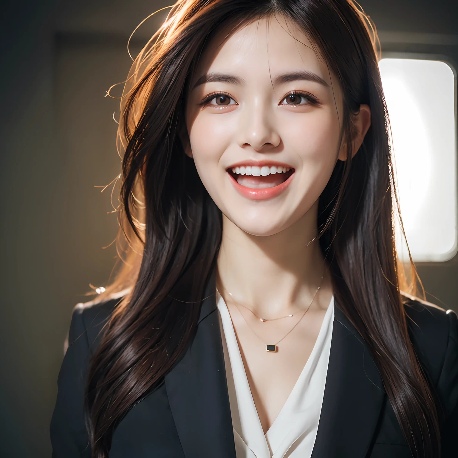 Dressed, (photographrealistic:1.4), (Hyper realistic:1.4), (Realistic:1.3), (Smoother lighting:1.05), (increase cinematic lighting quality:0.9), 32K, 1girl in,25-years old, Realistic lighting, Backlighting, Light on Face, raytrace, (Brightening light:1.2), (Increase quality:1.4), (Top quality real texture skins:1.4), finely detailed eyes, finerly detailed face, (tired and sleepy and joy:0), (Laugh:1.4), Black Suit,a necklace, (Increase body line mood:1.1), (Increase the beauty of skin texture:1.1)