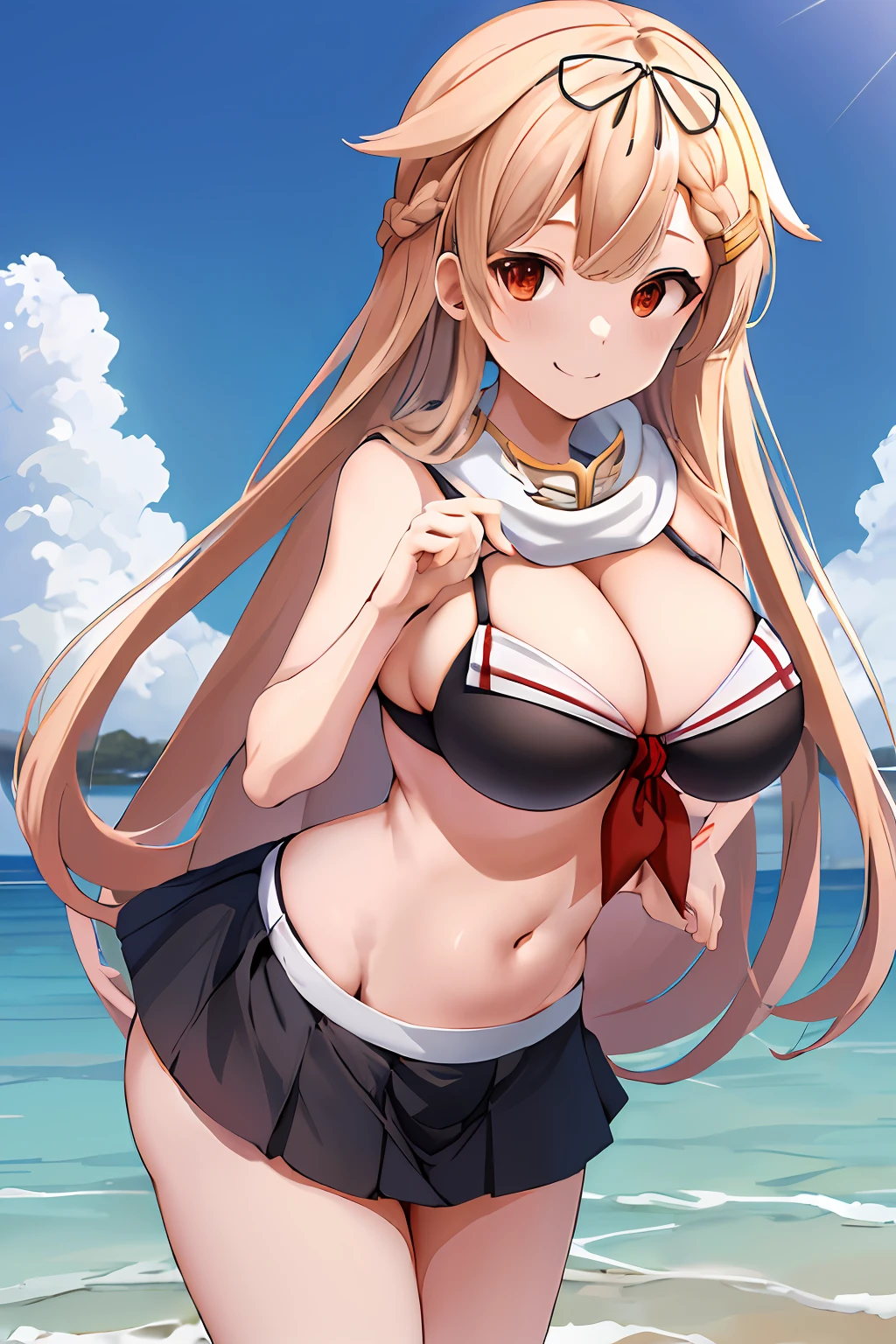 masterpiece, top-quality, hight resolution, poi2, To Yudachi-kai \(kancolle\), Braids, ((Sailor Bikini)), hair flaps, White headscarf, black bikinis, hair clips, bikini skirt, is standing, the beach, piece sign, V, a smile,(((Breasts are big breasts)))