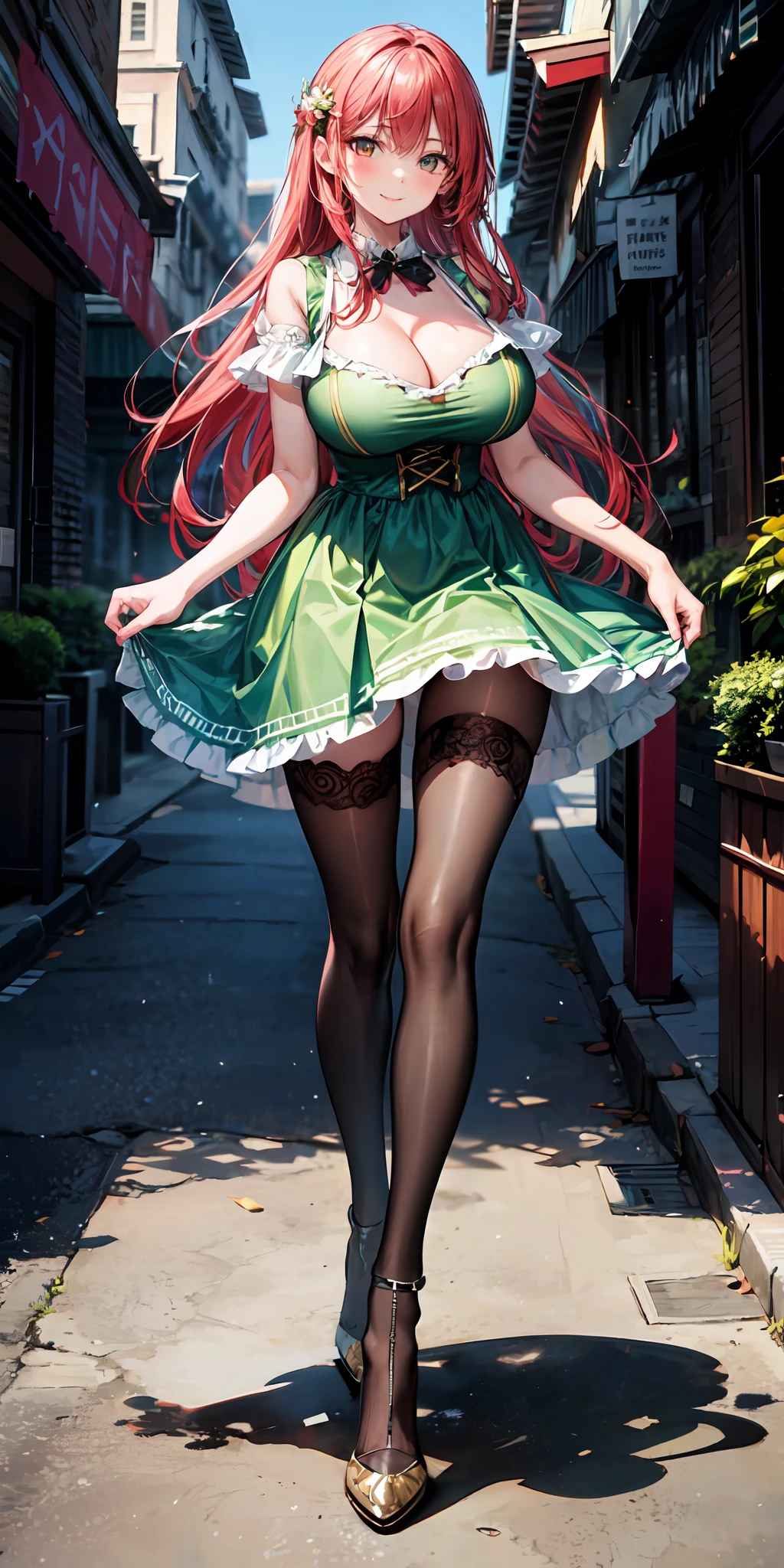 Masterpiece+, best quality, 1girl, redhead, short light summer dress, green dress, huge breasts+, cleavage, smile, tights, narrow waist, black garters, full body, high heels, outdoor