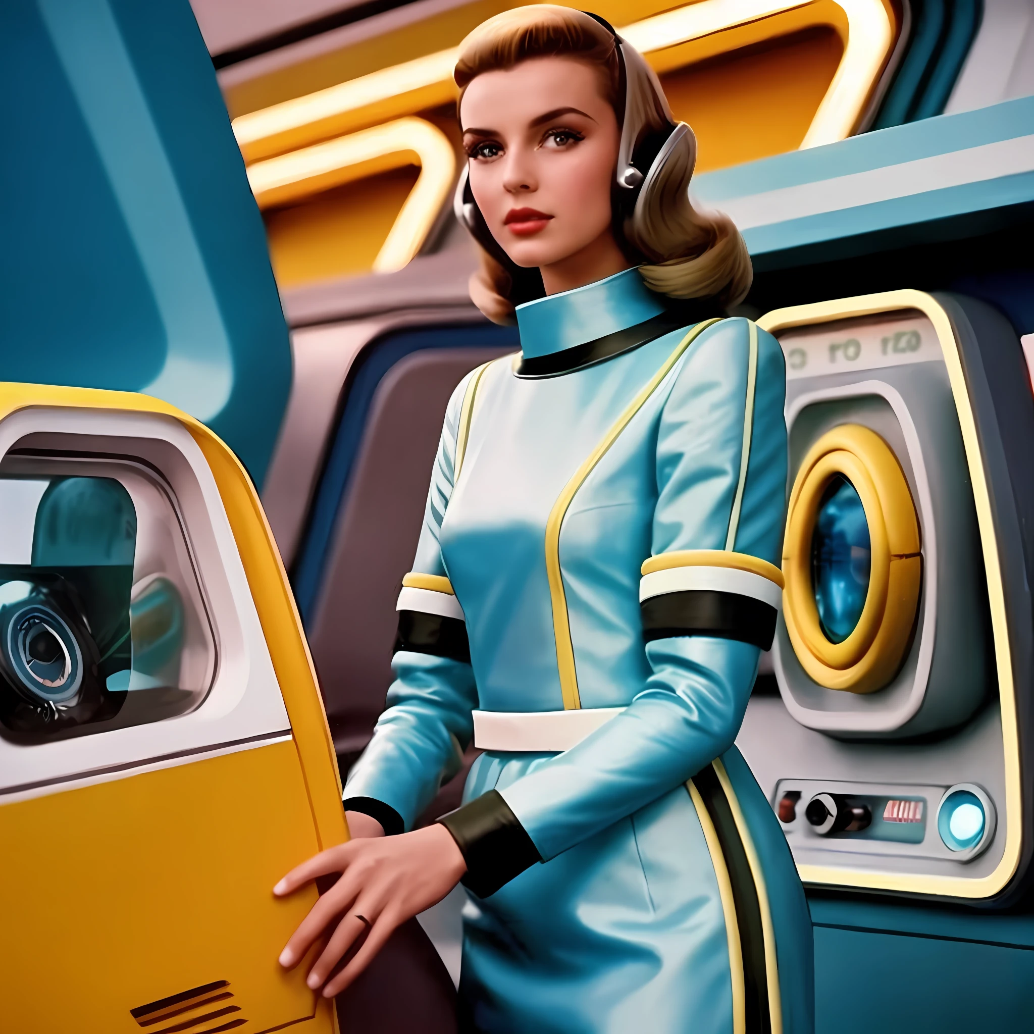 uma mulher em um vestido azul ao lado de um carro amarelo, Estilo = retrofuturismo, Retro Futuristic Fashion, as a retro futuristic heroine, retro futuristic style, retro futurism 1 9 5 0 s, 5 0's vintage sci - estilo fi, 1 9 5 0 Futuristas, 60s science fiction pinup style, retro futurism style, retro - futuristic