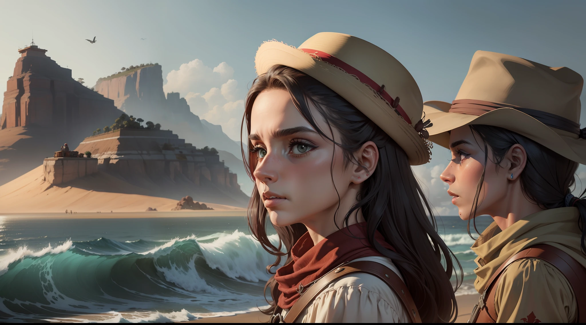 Velho oeste, 6 pessoas de costas para o horizonte, Red Dead Remdeption, ceu escuro, silhuetas pretas, perspectiva de cima pra baixo, noite