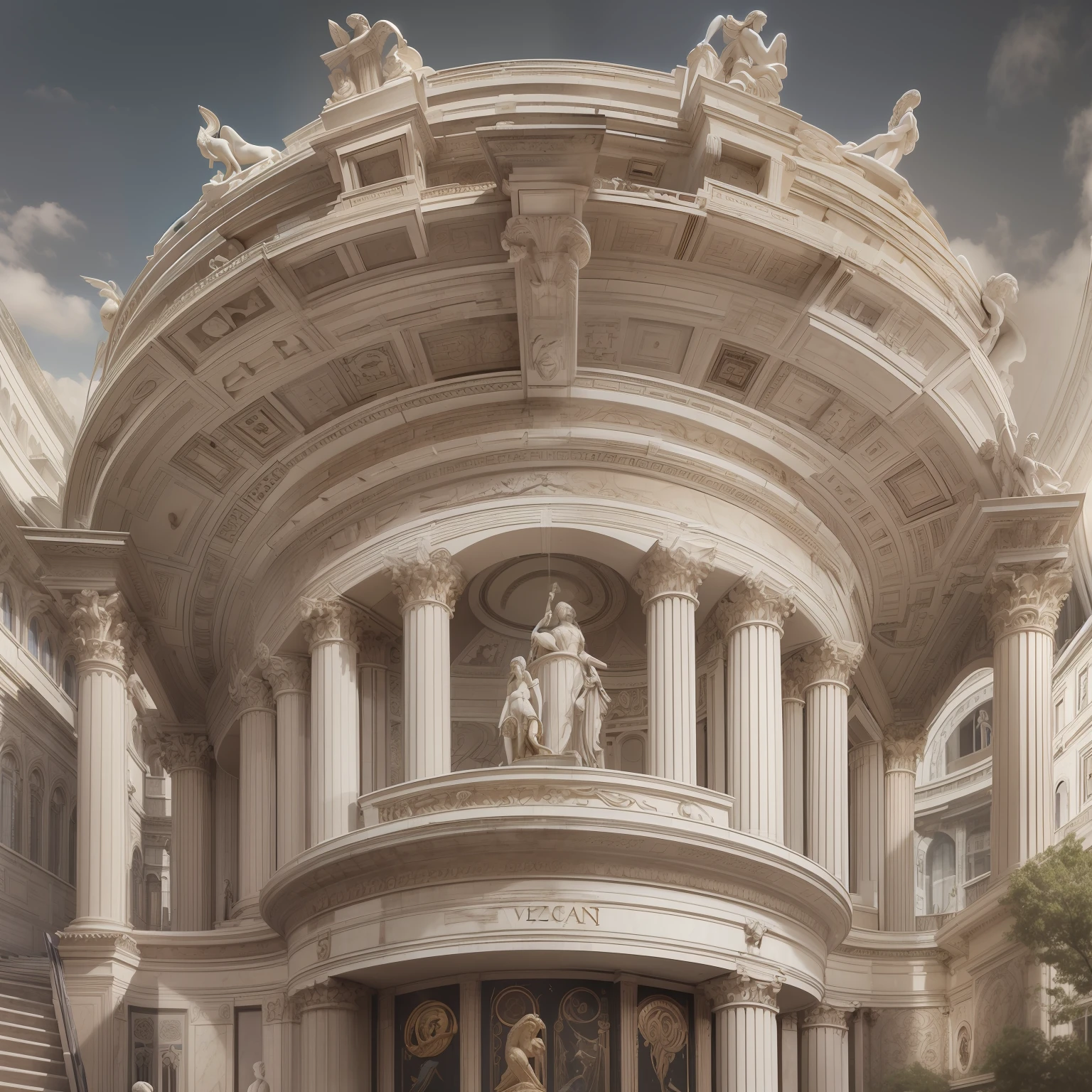 a building, surrealistic roman architecture, architecture carved for a titan, luxury architecture, surreal architecture, italian renaissance architecture, rounded architecture, neoclassicism style, art deco, that we would see in the essoldo, et in arcadia ego, bulgari style, versace, maximalist sculpted design, giant sculpture, giant crypto vault, full building perspective view
