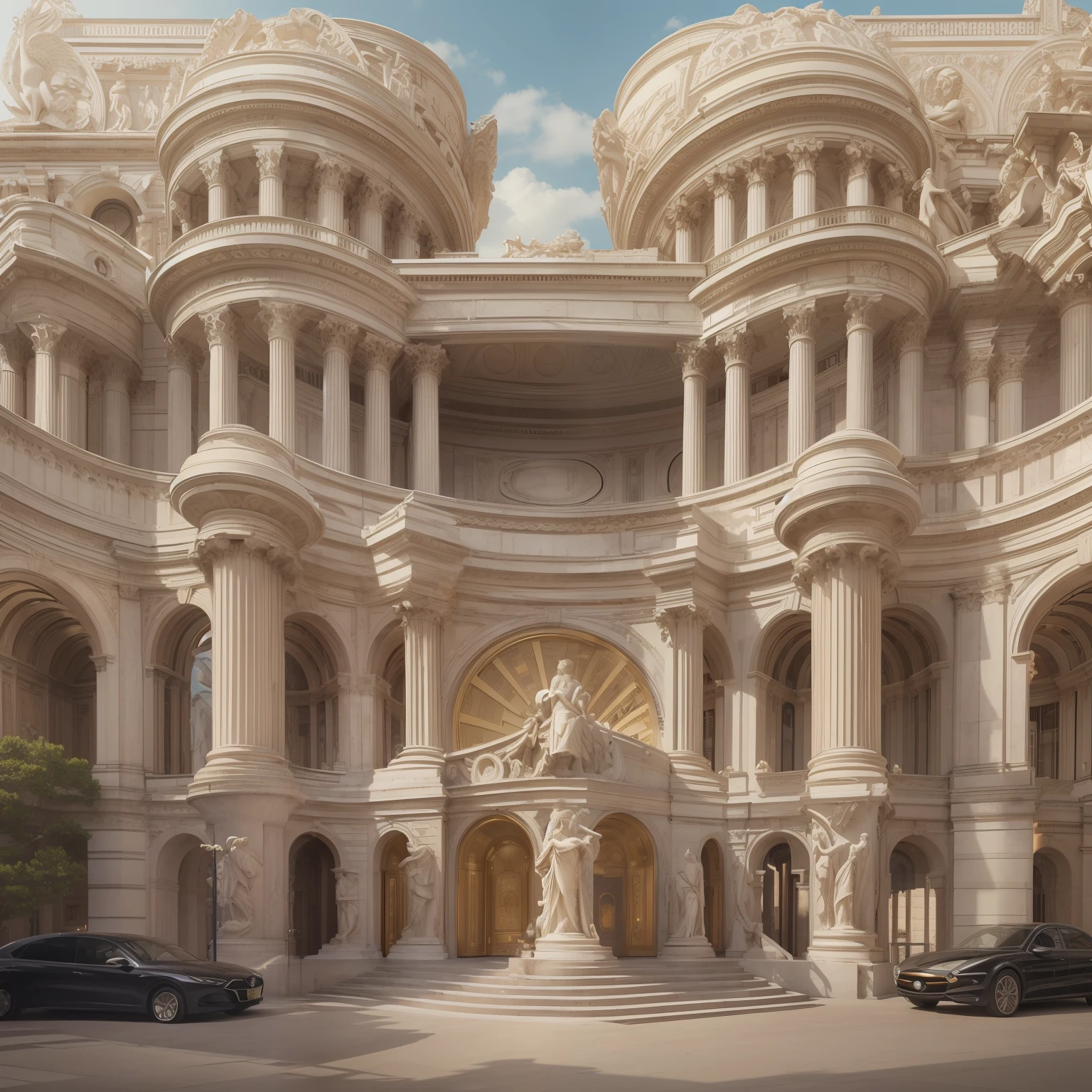 a building, surrealistic roman architecture, architecture carved for a titan, luxury architecture, surreal architecture, italian renaissance architecture, rounded architecture, neoclassicism style, art deco, that we would see in the essoldo, et in arcadia ego, bulgari style, versace, maximalist sculpted design, giant sculpture, giant crypto vault, full building perspective view