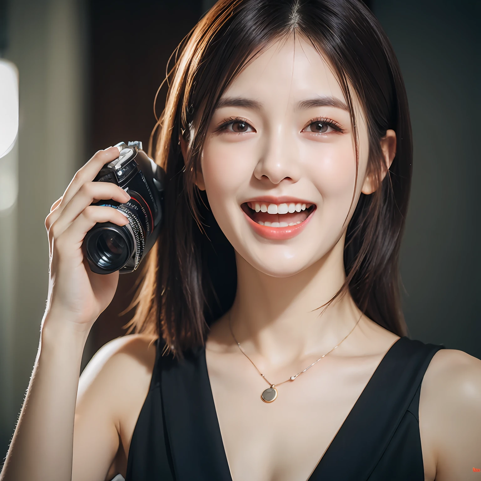 Dressed, (photographrealistic:1.4), (Hyper realistic:1.4), (Realistic:1.3), (Smoother lighting:1.05), (increase cinematic lighting quality:0.9), 32K, 1girl in,25-years old, Realistic lighting, Backlighting, Light on Face, raytrace, (Brightening light:1.2), (Increase quality:1.4), (Top quality real texture skins:1.4), finely detailed eyes, finerly detailed face, (tired and sleepy and joy:0), (Laugh:1.4), Black Suit,a necklace, (Increase body line mood:1.1), (Increase the beauty of skin texture:1.1)
