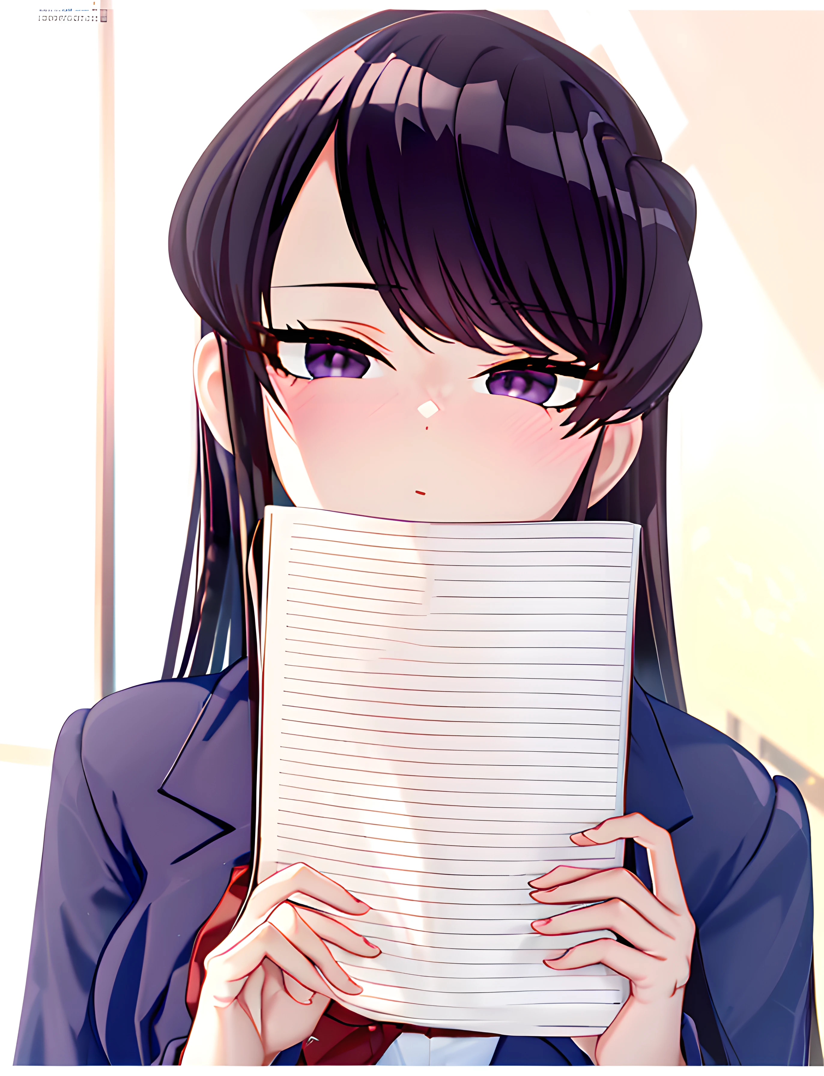 4k, raw camera, highres, detailed, masterpiece, portrait, aesthetic, beautiful, best quality, highly detaile, best quality clothing, aesthetic clothings, professional angle, rule of thirds, Feminine, delicate, beautiful, 19 years, attractive, solo, 1 girl, (Komi Shouko), (In the Classroom), (Upper Body), ((From Front, From Down)), (Students in the background), ((Very Shy)), (Long Hair, Purple Hair, Very Straight Hair, Bangs, Blunt Bangs Hair, - in hair), (Open Eyes, Black Eyes, Black Eyeliner in Eyes, Expressionless Gaze), Soft Skin, (Blushed), ((Standing, Leaning Forward)), -; -; (Closed Mouth), (Natural Lips), (Average Breast), ((Hands, )), notebook, (School White Shirt, Long Sleeves, Dark Blue Blazer)), (Skirt Red and Blue Plaid), (Black Pantyhouse, Red Bowtie, Stripped Bow,, High Quality Clothing), (V Neckline), beautiful body, beautiful eyes, shiny eyes, shiny hair, beautiful mouth, beautiful lips, beautiful face