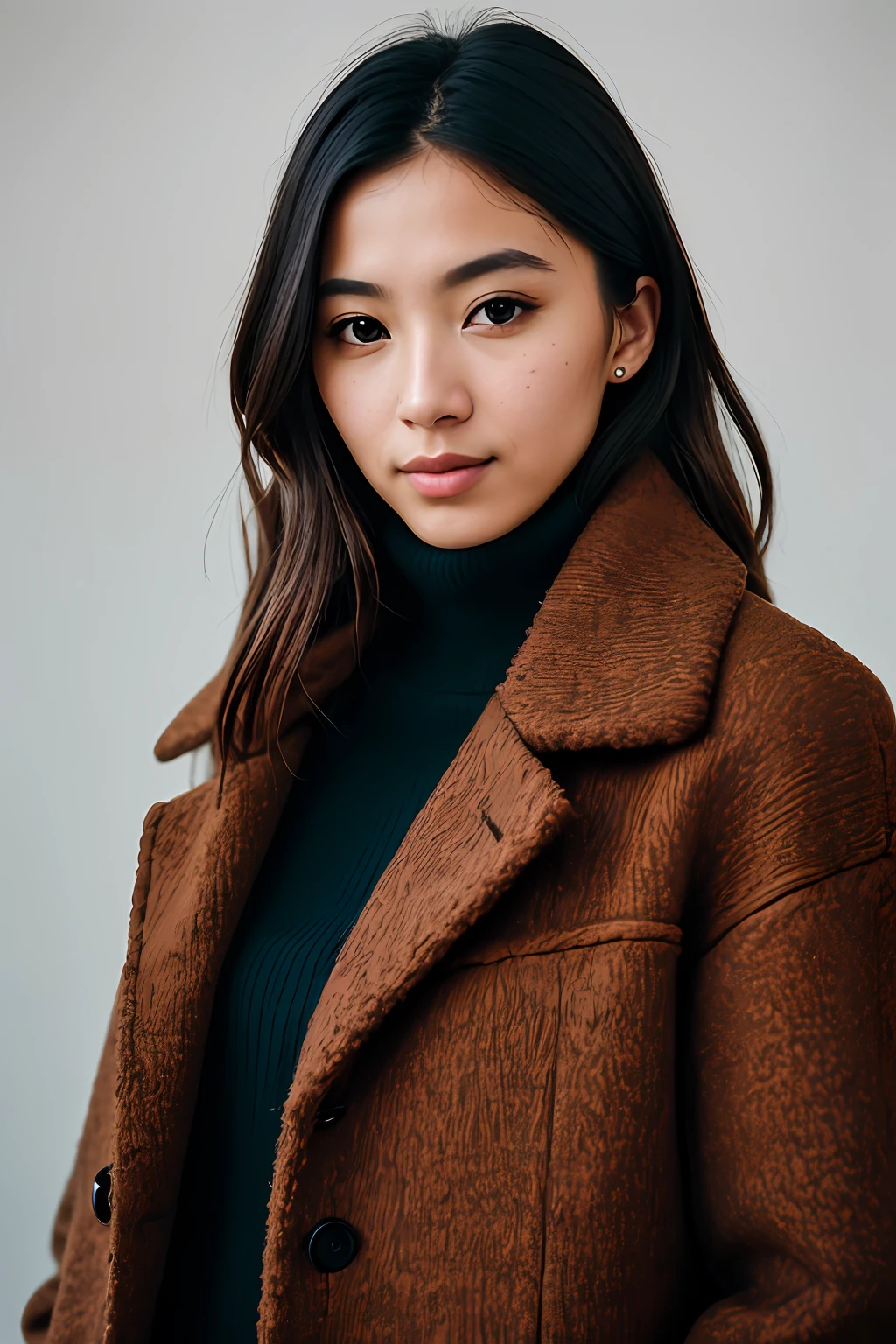 photo of (nk1nsky:0.99), a woman, RAW, close portrait photo, long brown coat, turtleneck sweater, trousers, (high detailed skin:1.2), 8k uhd, dslr, soft lighting, high quality, film grain, Fujifilm XT3 sharp focus, f 5.6