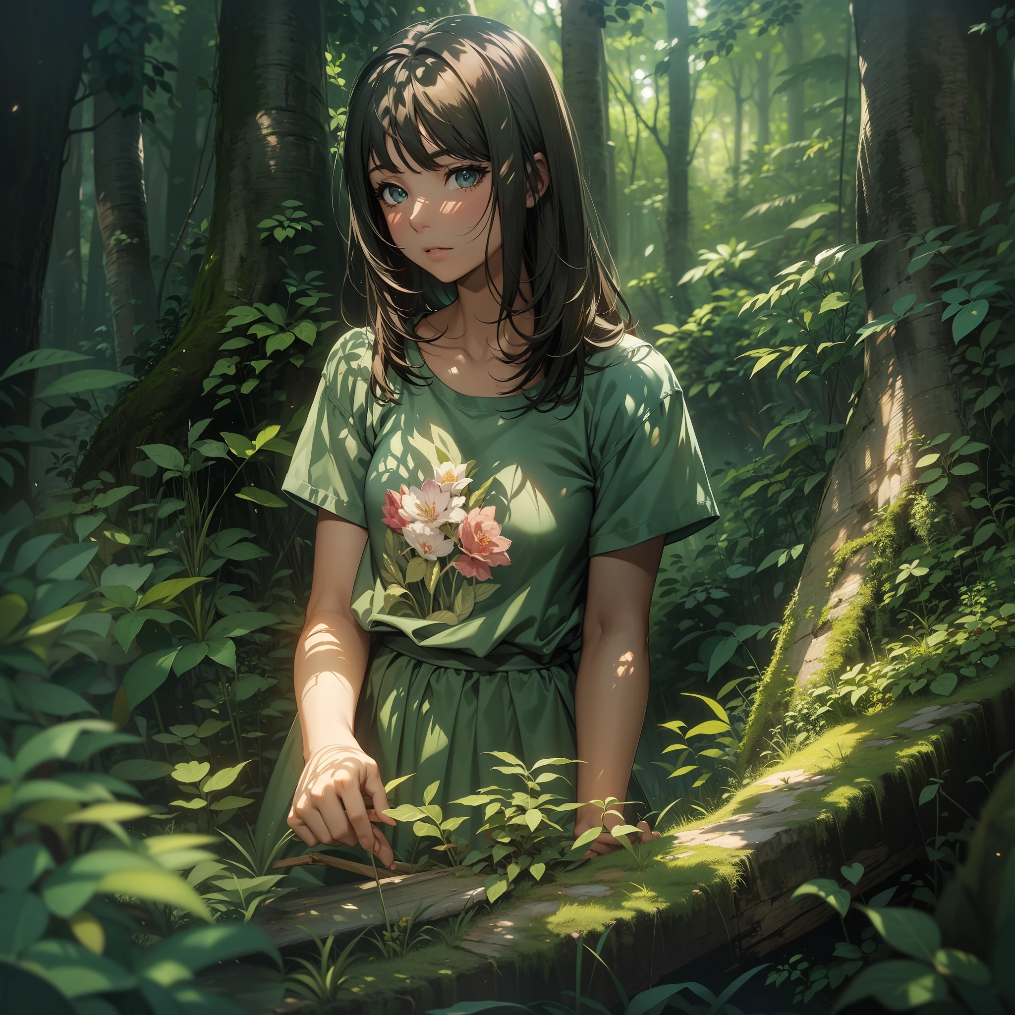 Obra de arte, obra-prima, melhor desinger, best illustration, (melhor qualidade, desempenho ilustrado:1.2), uma menina de cabelos brancos, , olhos verdes, pele alva, usando uma camisa sem mangas, Forest art scene in oil painting watercolor, illustrated artistic cinematic lighting--Niji:5--Cinematic lighting
