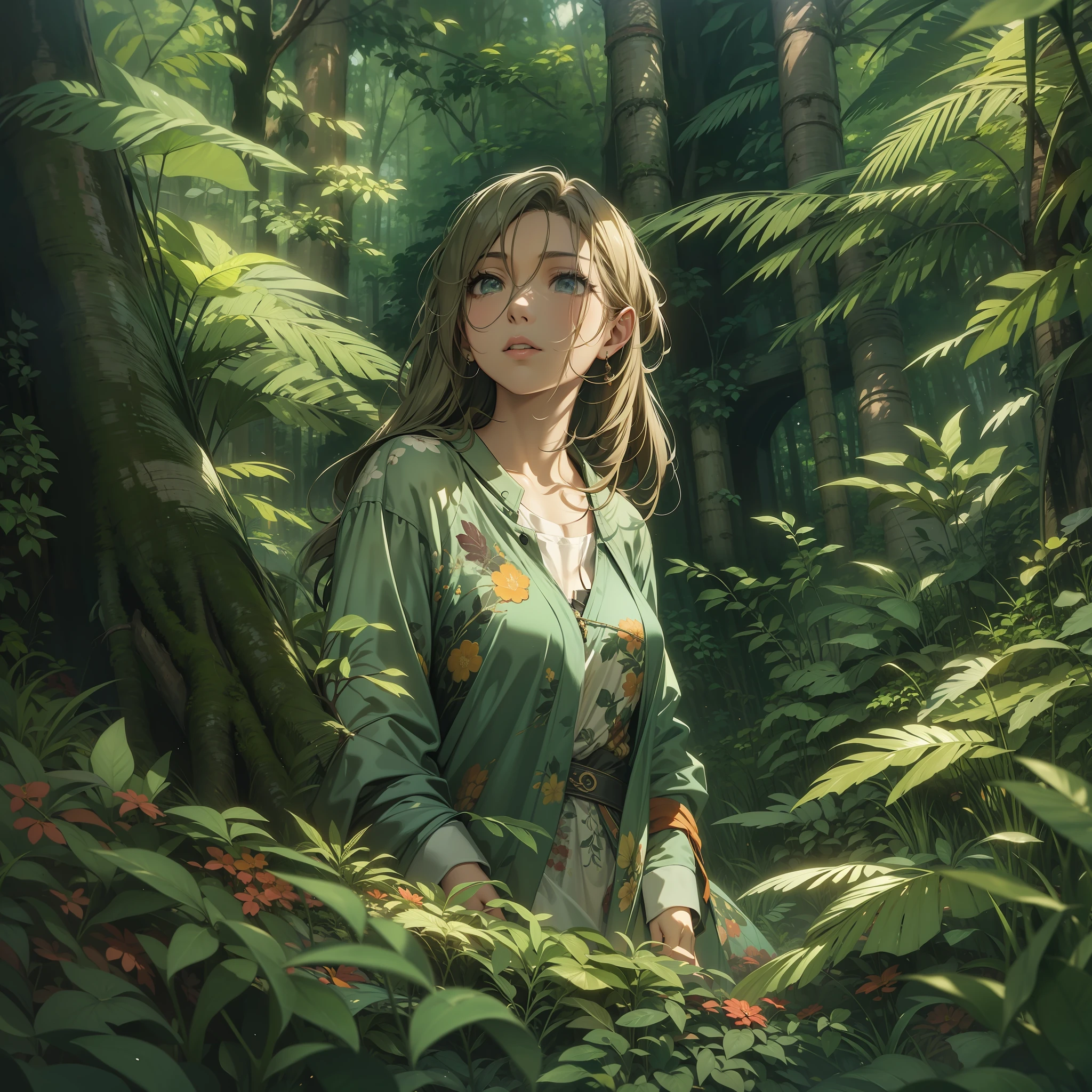 Obra de arte, obra-prima, melhor desinger, best illustration, (melhor qualidade, desempenho ilustrado:1.2), uma menina de cabelos brancos, , olhos verdes, pele alva, usando uma camisa sem mangas, Forest art scene in oil painting watercolor, illustrated artistic cinematic lighting--Niji:5--Cinematic lighting