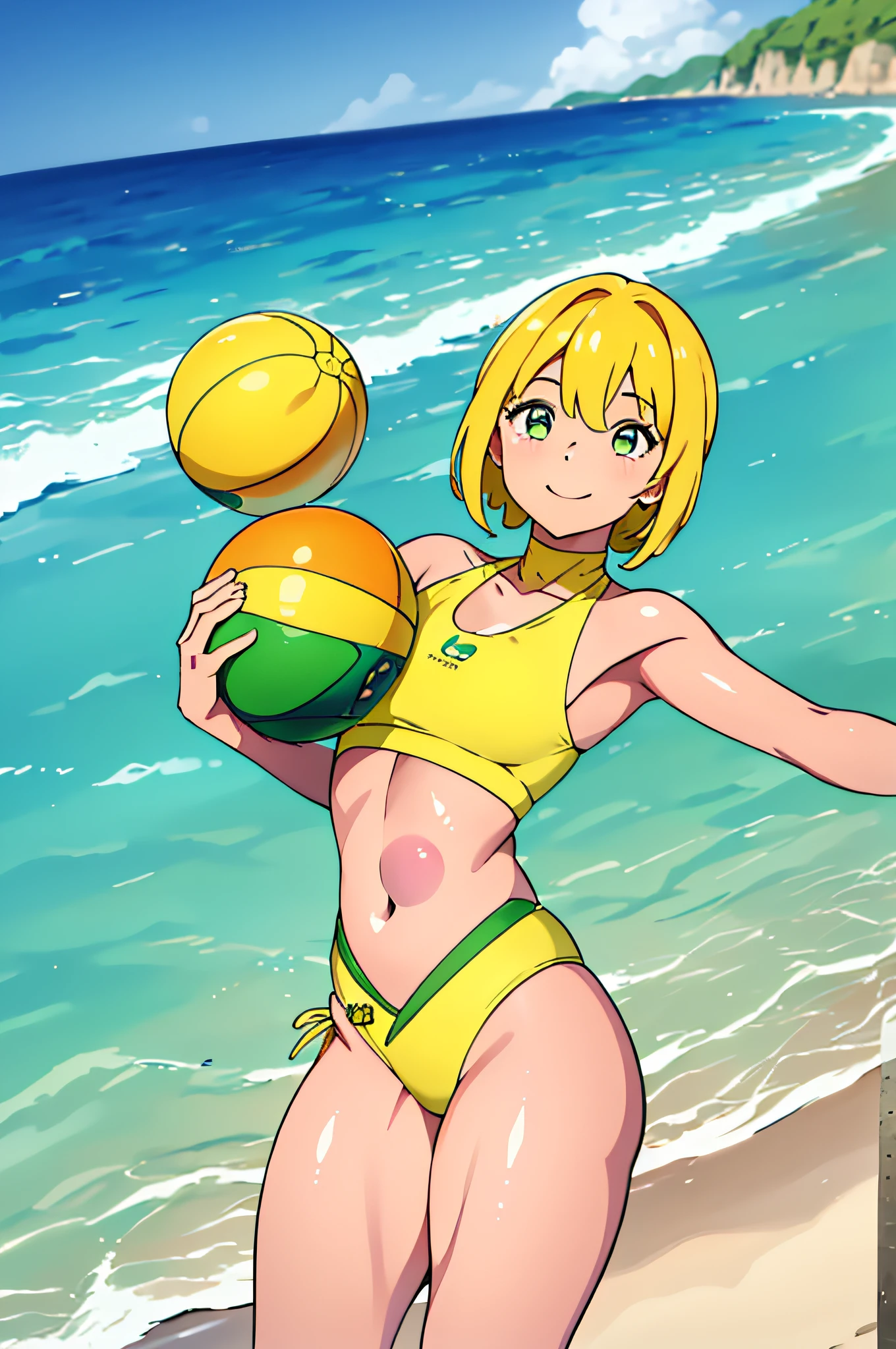 (obra maestra, mejor calidad, high resolusion: 1.4), cuerpo completo, 1girl, ojos verdes, Highneck swimsuit , Al aire libre , Playa,(sonrisa, feliz, rubor de cara completa: 1)