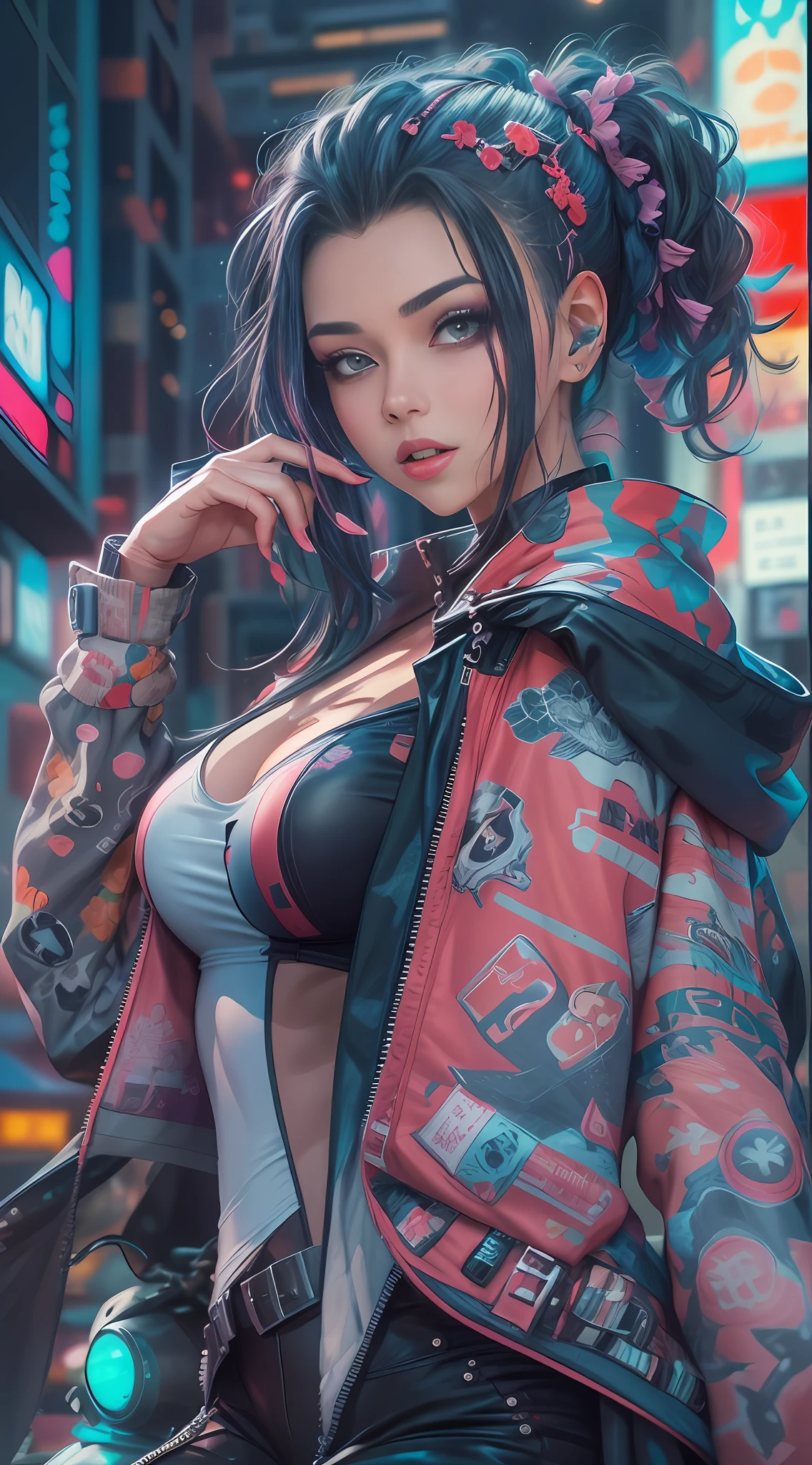 masterpiece, best quality, 1 cyberpunk girl, full body shot, standing in front of motorcycle, looking at viewer, Confident cyberpunk girl with sassy expression, Harajuku-inspired pop outfit, bold colors and patterns, eye-catching accessories, trendy and innovative hairstyle, vibrant makeup, Cyberpunk dazzling cityscape, skyscrapers, neon signs, LED lights, bright and vivid color scheme, anime, illustration, detailed skin texture, detailed cloth texture, beautiful detailed face, intricate details, ultra detailed.
