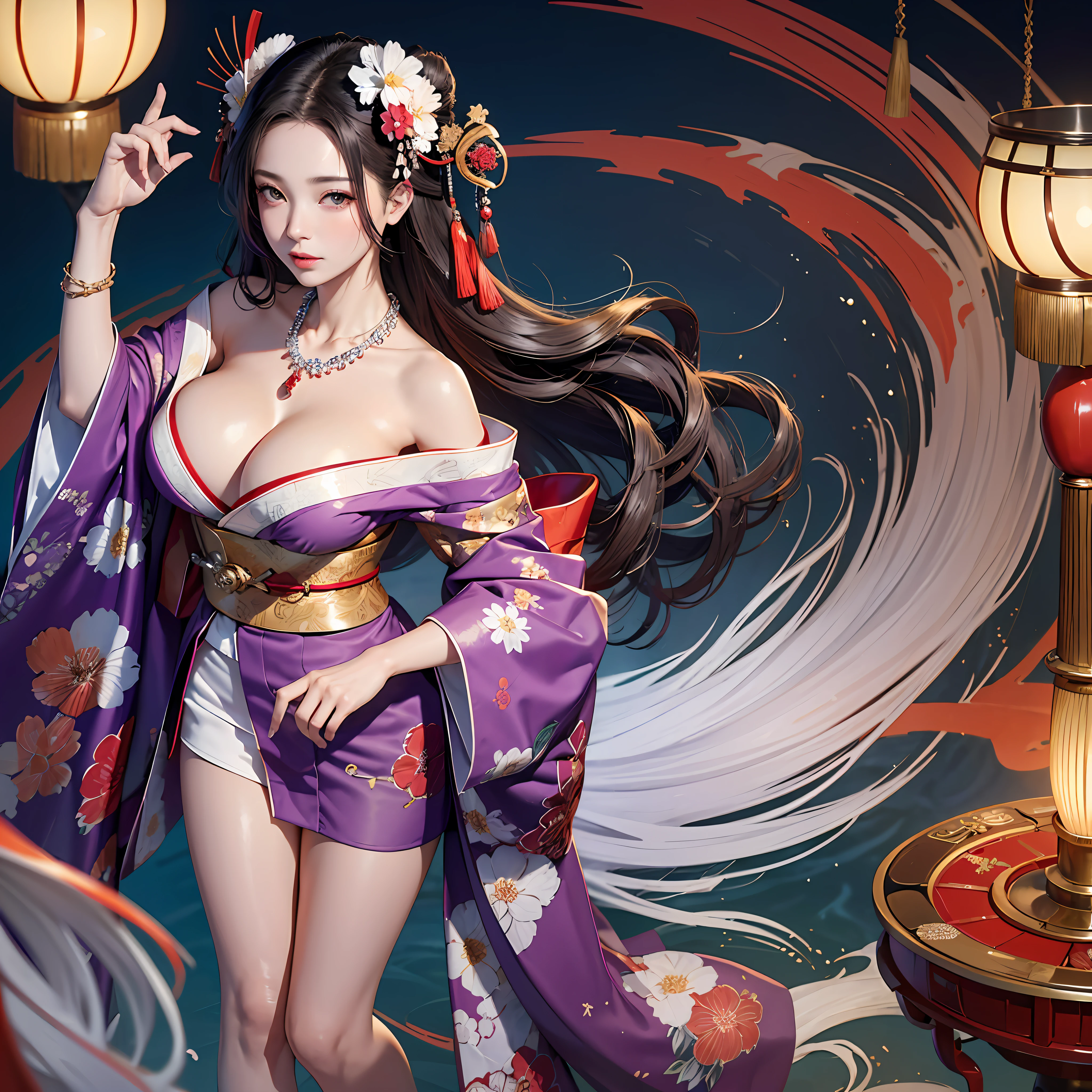 (Cinematic Light, Top Quality, 8K, Masterpiece: 1.3), (World Wonderful, Goddess of the Japan, Japan Beautiful Girl, Korean Goddess), (Full Body), One Girl, (Necklace, Bracelet, Anklet, Leg Ring), (Huge Breasts, Cleavage, Exposed Breasts, Sexy Cleavage, Highly Detailed Breasts), (Colossal), À la Fed Woman in Kimono, Kimono, Classic Kimono, Kimono, Japan kimono, long and beautiful flowing kimono, intricate geisha kimono, red or purple kimono with floral pattern, Japanese style, wearing kimono, inspired by Kano Hogai,