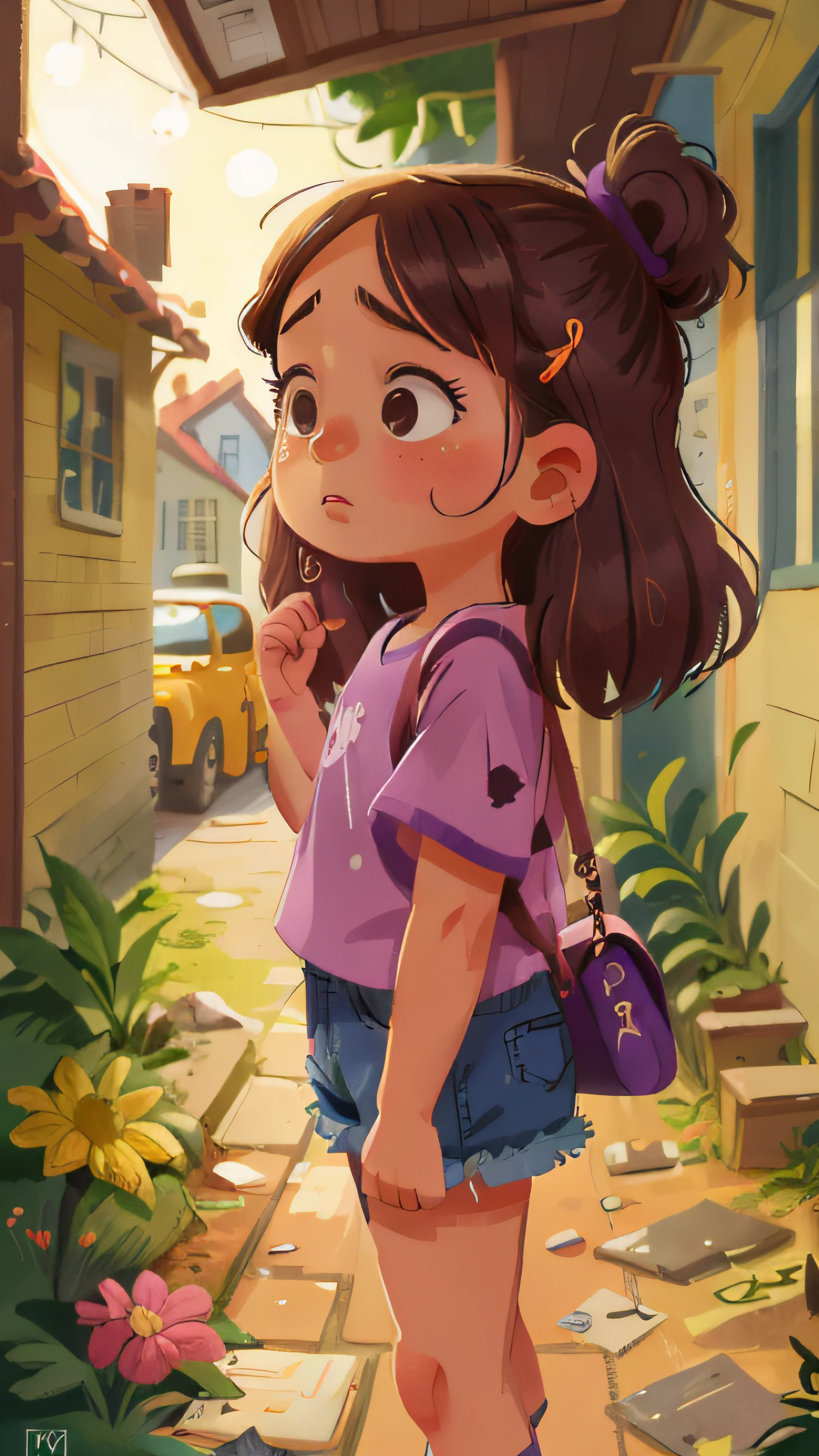 Uma de 6 anos de idade, de cabelo curto ruivo e enrolado, is next to a gray house, She's wearing jean shorts and a purple blouse, is scared, triste, side view of the scene, qualidade perfeita, foco claro (mess - house: 0.8), (obra-prima: 1.2) (Realista: 1.2) (Bokeh) (Melhor qualidade) (Pele detalhada: 1.3) (Detalhes intrincados) (8K) (Detalhe Olho) (foco nítido), (Infeliz)