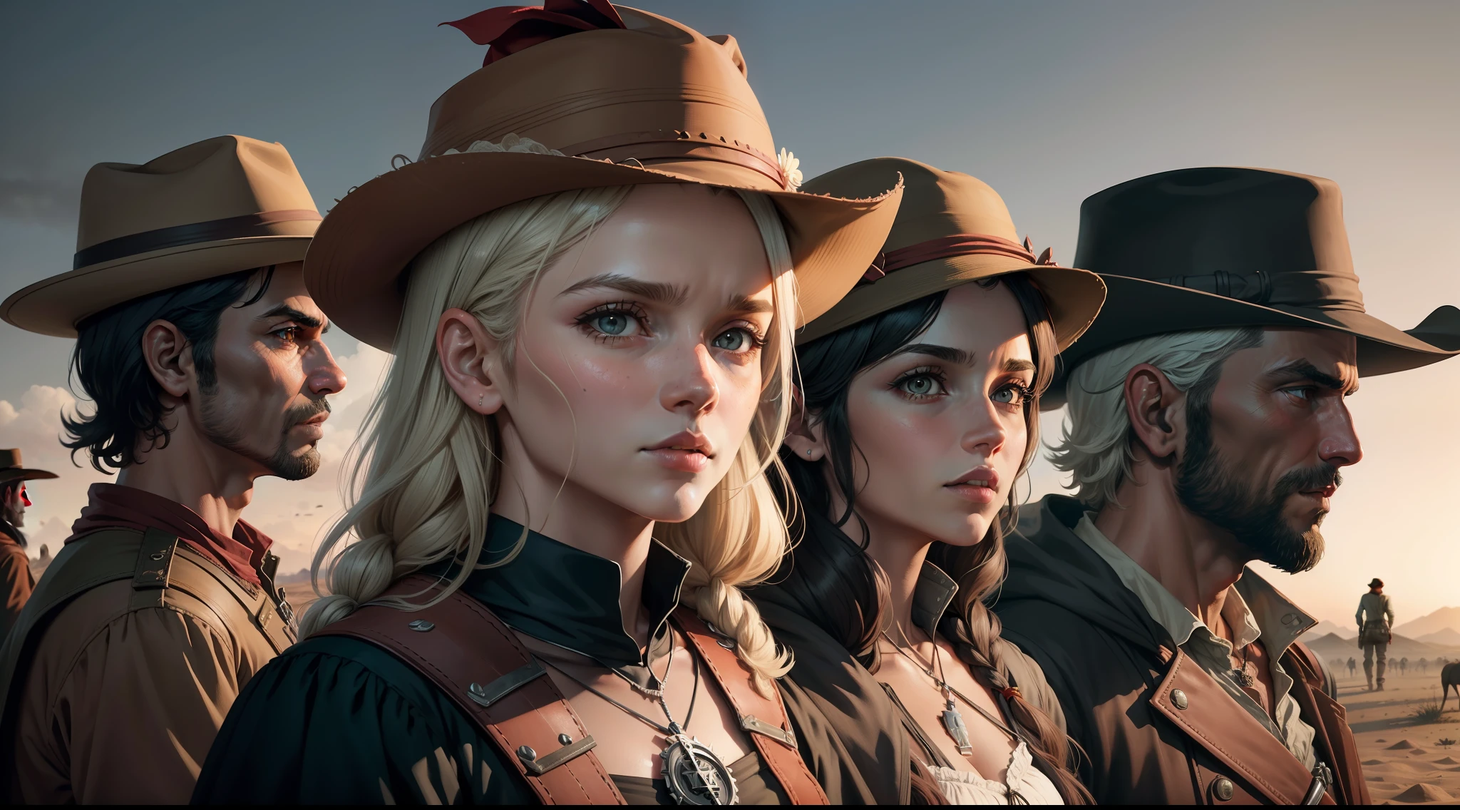Velho oeste, 6 pessoas de costas para o horizonte, Red Dead Remdeption, silhuetas pretas, perspectiva de cima pra baixo, noite