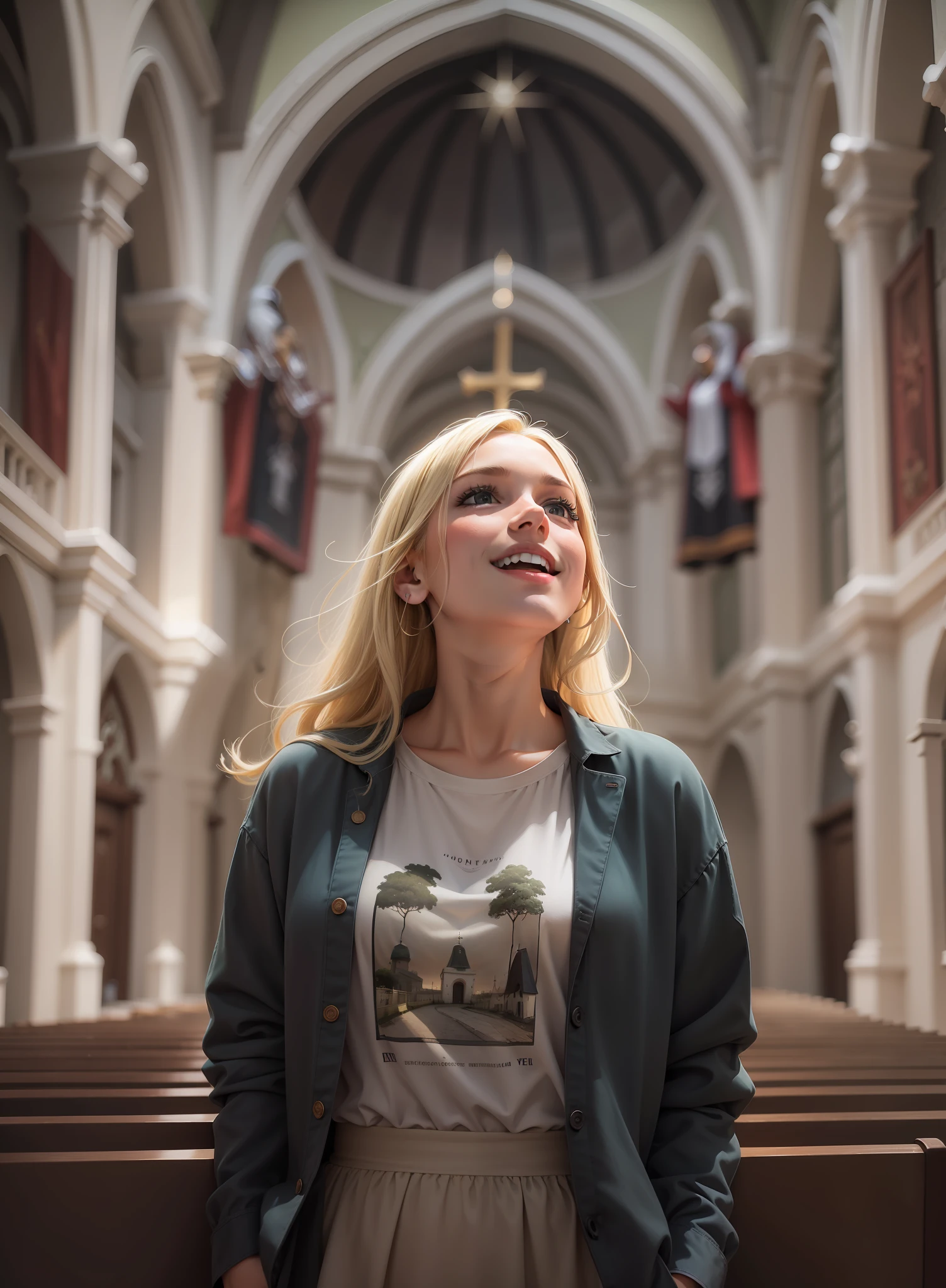 Pretty blonde girl, olhos verdes, magra, bem magra, sorrindo, feliz, muito feliz, vestindo camiseta preta, saia longa, animada, dentro de uma igreja adventista, Pose para foto, Foto de Stock, Directed by: Emma Andijewska, Directed by: Jakob Gauermann, igreja, foto de alta qualidade, mid portrait, foto tirada, Fotografe o conjunto, high resolution photo, Religion, amizade, muito expressivo, Anime realista, desenhado,