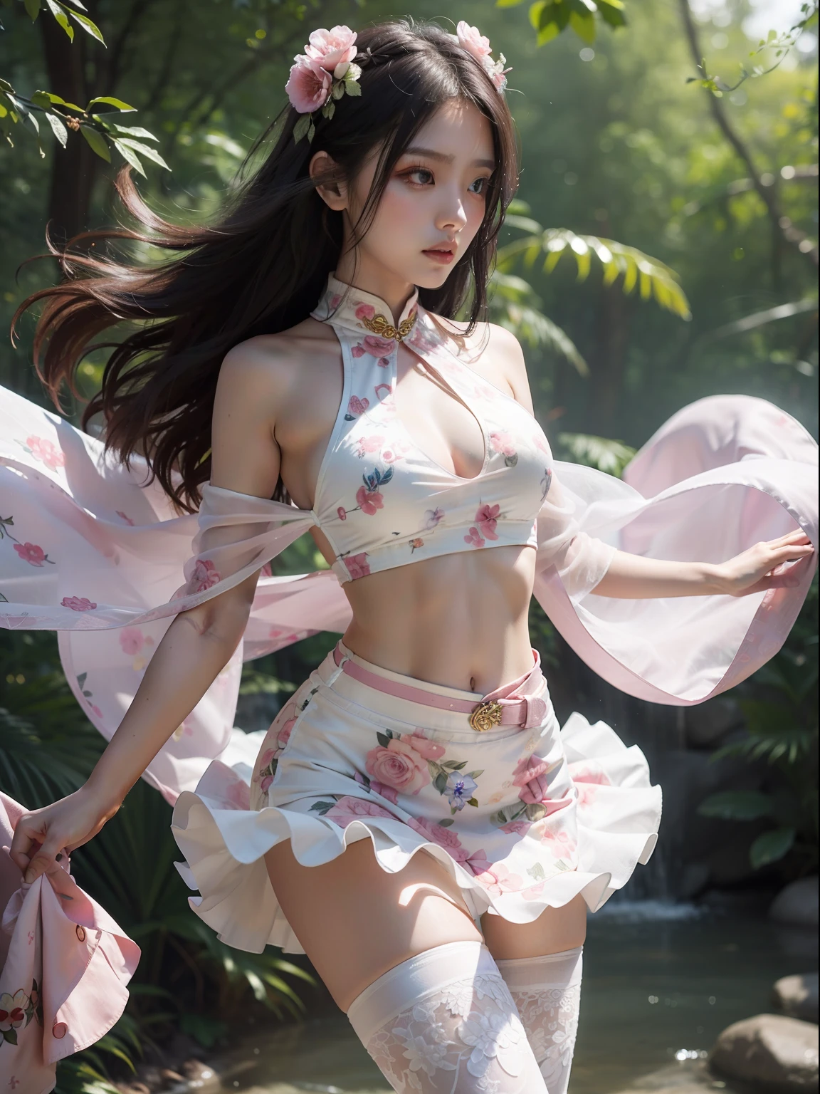 Holding a large see-through stole with pale pink floral pattern with both hands、Swaying in the wind。Light color halter neck cheongsam、garterbelts、Upper eye、light-colored skin and loose navel,,。Skirt flutters in the wind and spreads。Dynamic Posing。Dancing Poses。
Loose clothing shows shoulders。Very beautiful girl at 19 years old。
Hair swaying in the wind。 masutepiece、Best Photoreal、portlate、Sheer clothing、wetted skin、Wet hair、Sexy look、Functional、Bewitching、Clothes with an open back、Oblique composition、Waterfall in the forest、Big hair ornament、Medium chest、Navel Ejection、Shiny knee-high socks、Bold open chest clothes、、hair adornments、garterbelts、knee high socks