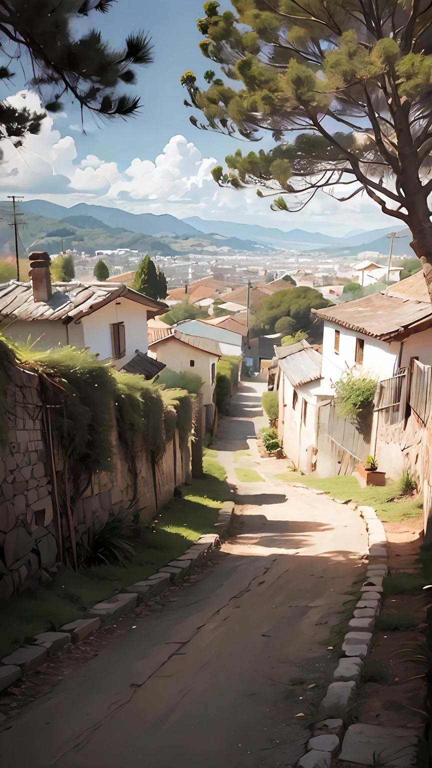 hermoso pueblo campestre con muchas zonas verdes y los habirantes tienen cabello  plateado