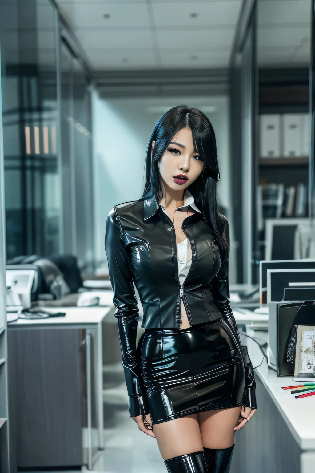 photorealistic, ,Sexy young Lawyer, (sucking pen, licking pen, giving fellatio to pen, implied fellatio :1.1), (korean model:1.3), gothgirl, long legs, slim,slender, medium_boltedontits, , (long black tight latex pencil skirt:1.4), black pvc thigh boots, platform boots, black latex blazer, white latex dress shirt, perfect teeth ,seductive,looking at viewer, standing in office, modern office setting, perfect hands, fit, perfect body, perfect face, shirt unbuttoned, lewd expression,, professional, fetish, cosplay,gothmakeup,