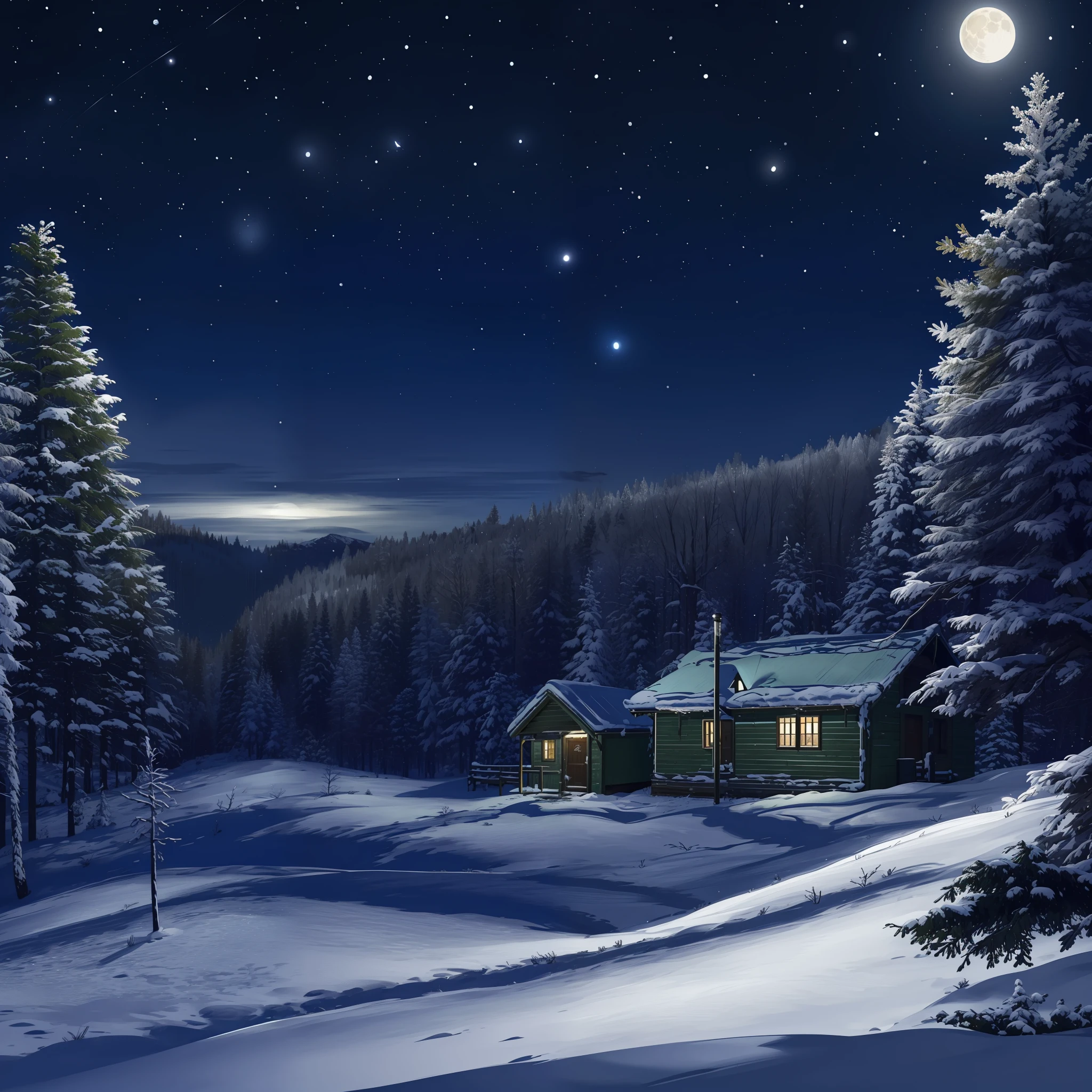 Snowy hut in the forest at night with full moon, Noite de Natal de inverno nevada, noite de inverno, noite nevada, Noite de Natal, luar nevando, Noite de inverno australiana, papel de parede de alta qualidade, high quality desktop wallpaper, fantasia de cena de inverno, papel de parede bonito, Winter scenario, inverno nevado, under the silent night sky, Neve de inverno, Casa na floresta, snowfall at night, papel de parede hd