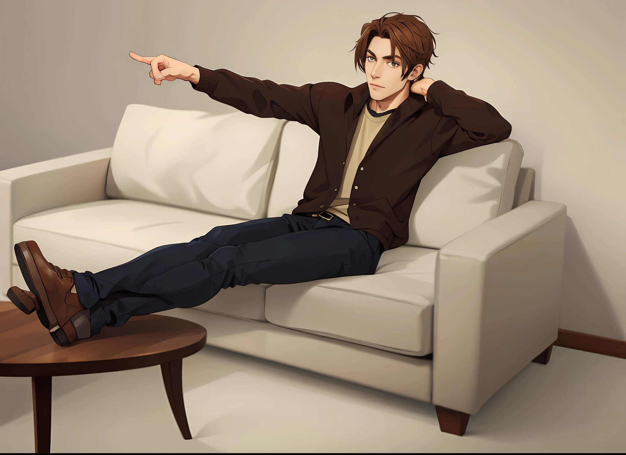 A guy sitting on the couch poses relaxed legs stretched