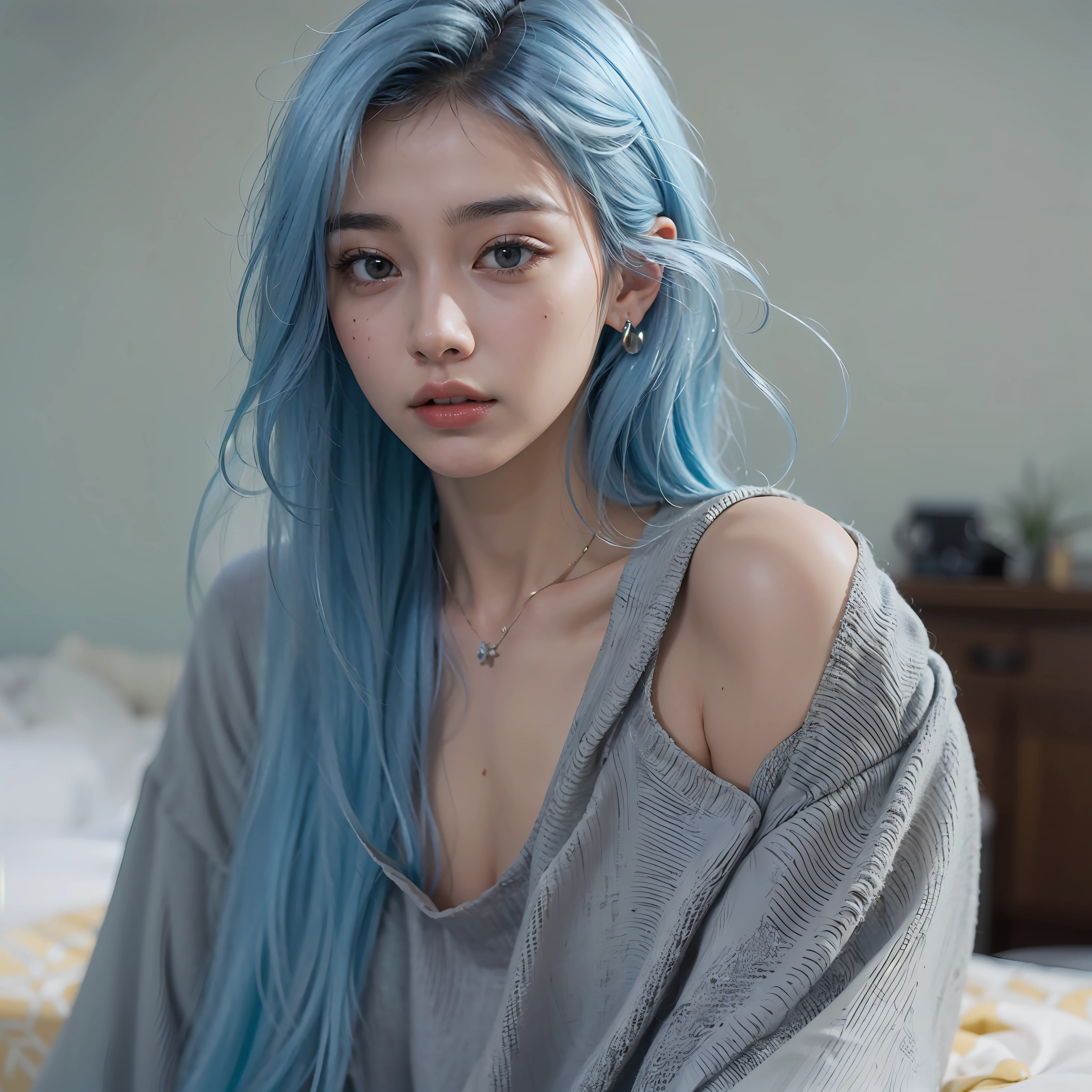 Clothed、(Photo Real:1.4)、(hyper realisitic:1.4)、(realisitic:1.3)、
(Smoother lighting:1.05)、(Improved lighting quality in movies:0.9)、32K、
1girl in、20 years girl、Realistic lighting、Back lighting、Facial light、raytrace、(Brightening light:1.2)、(Increase quality:1.4)、
(Top quality real texture skins:1.4)、finely eye、finerly detailed face、Fine quality eye、Soft hair quality、
close up of face、tshirts、
(Improve skin texture:1.1)、Mysterious、
Long bangs、Blue hair from ears to front、Black hair from the ears to the back、