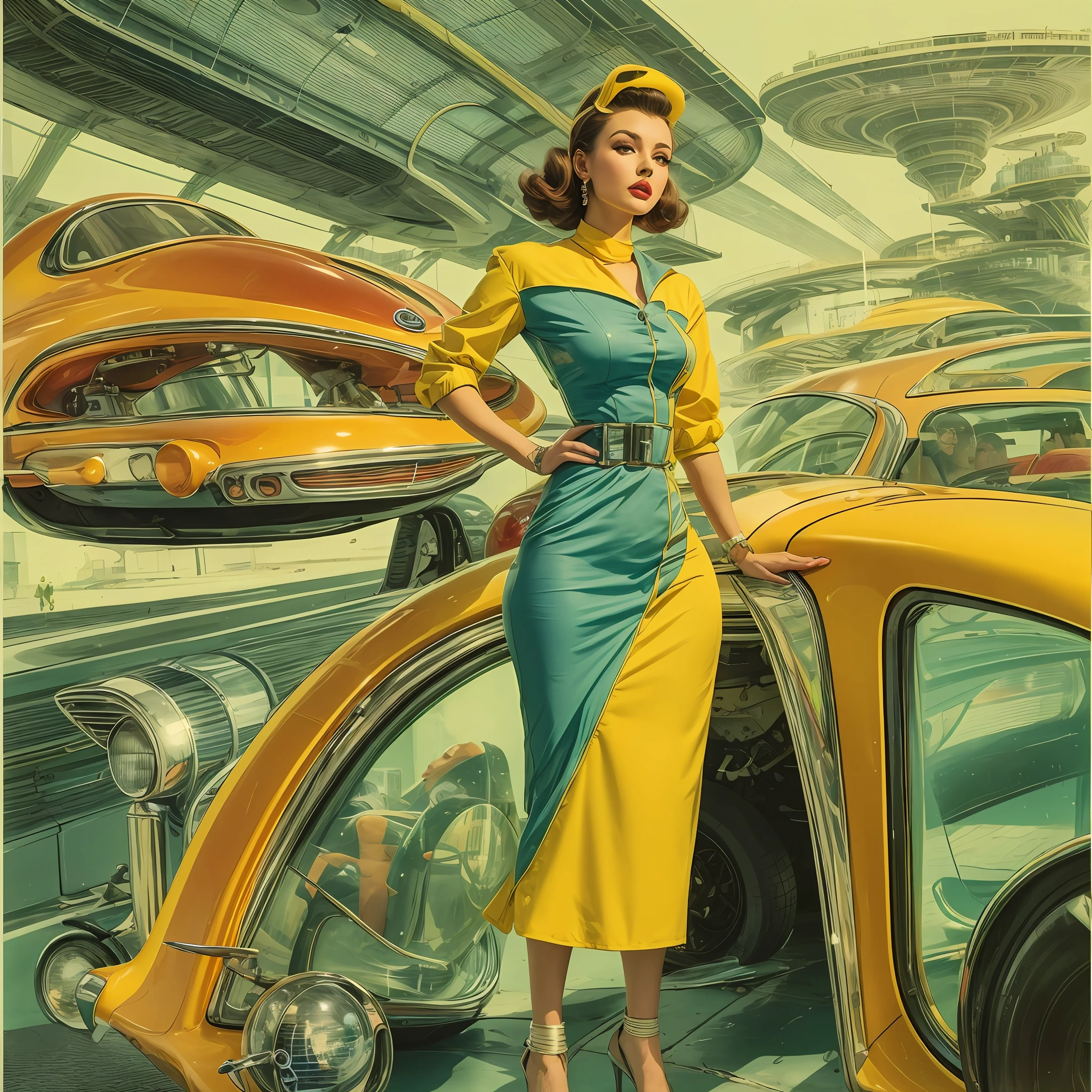 uma mulher em um vestido azul ao lado de um carro amarelo, Estilo = retrofuturismo, Retro Futuristic Fashion, as a retro futuristic heroine, retro futuristic style, retro futurism 1 9 5 0 s, 5 0's vintage sci - estilo fi, 1 9 5 0 Futuristas, 60s science fiction pinup style, retro futurism style, retro - futuristic